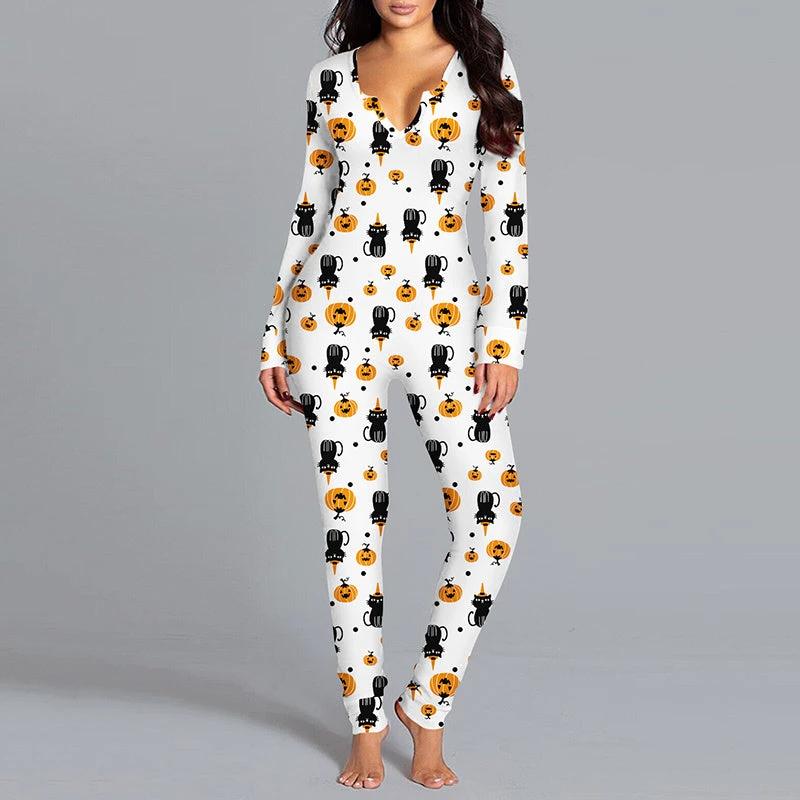 Halloween Printed Jumpsuit - Long Sleeve Home Pajamas