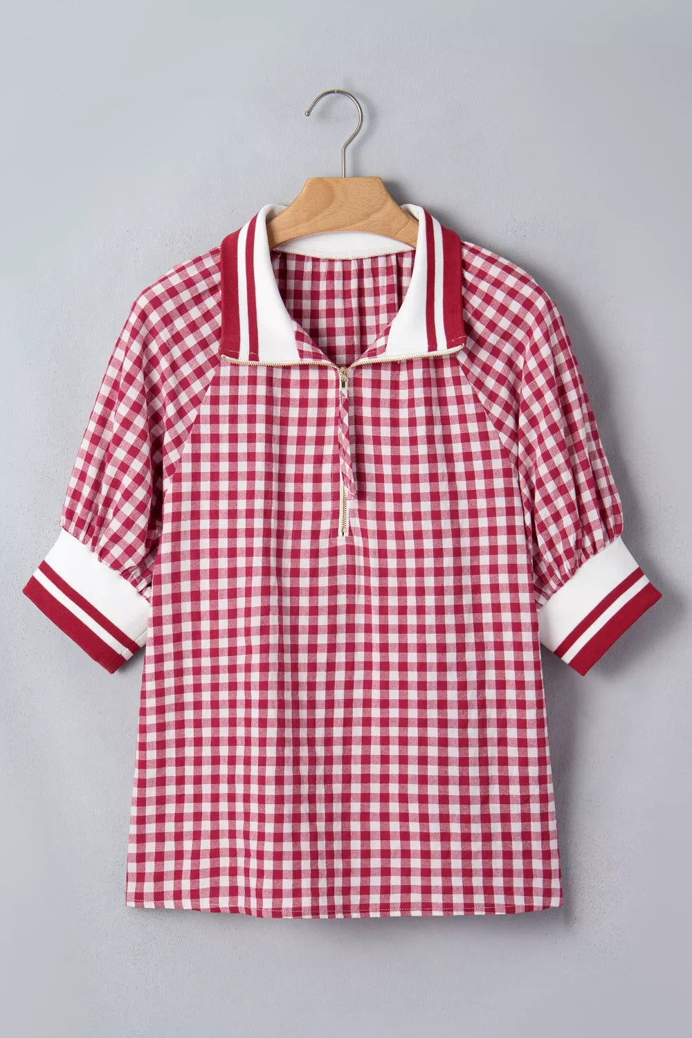 Gingham Puff Sleeve Quarter Zip Blouse