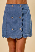 SO ME Denim Scalloped Buttoned Front Skirt