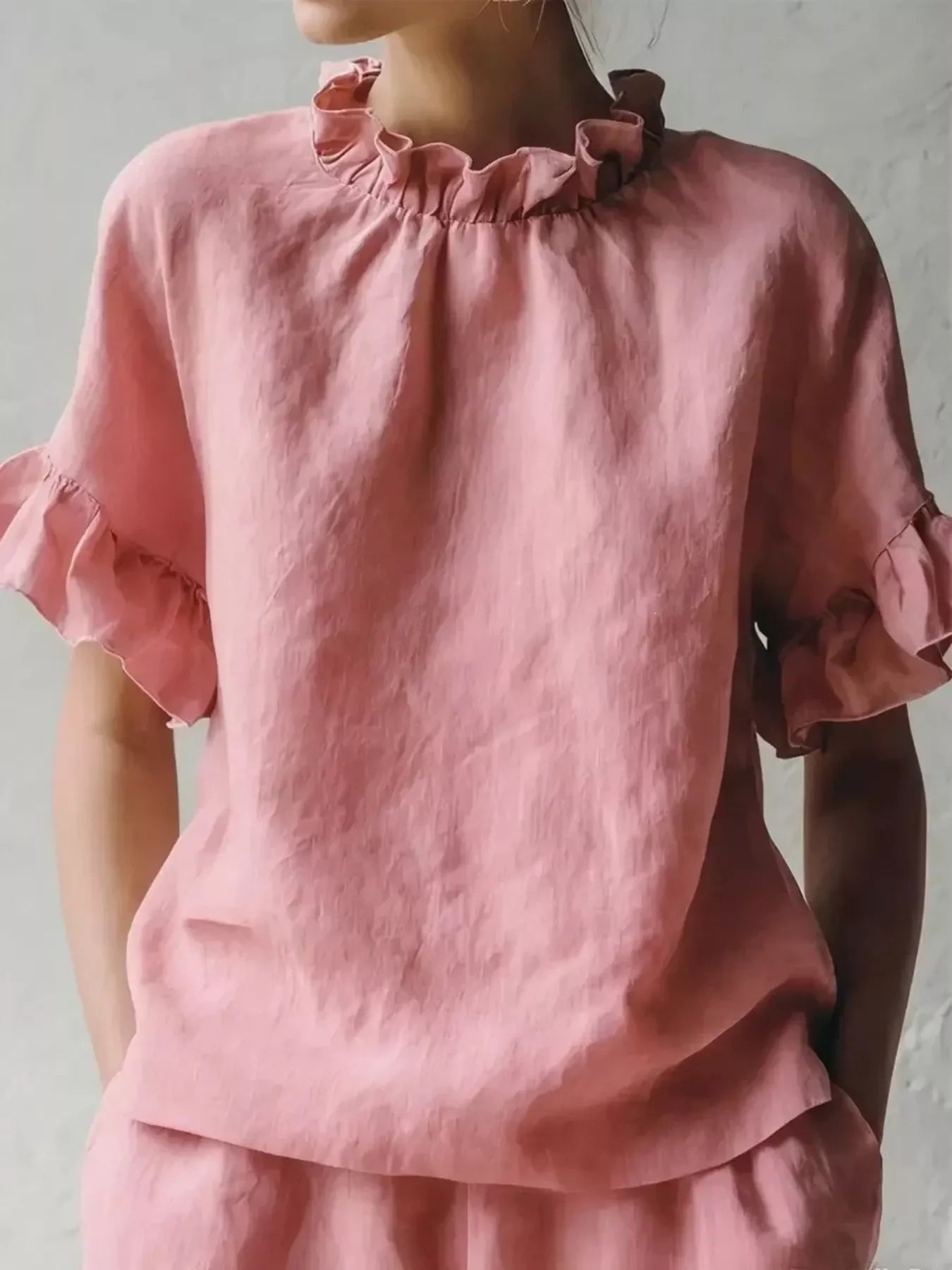 Full Size Ruffled Neck Half Sleeve Blouse Plus Size