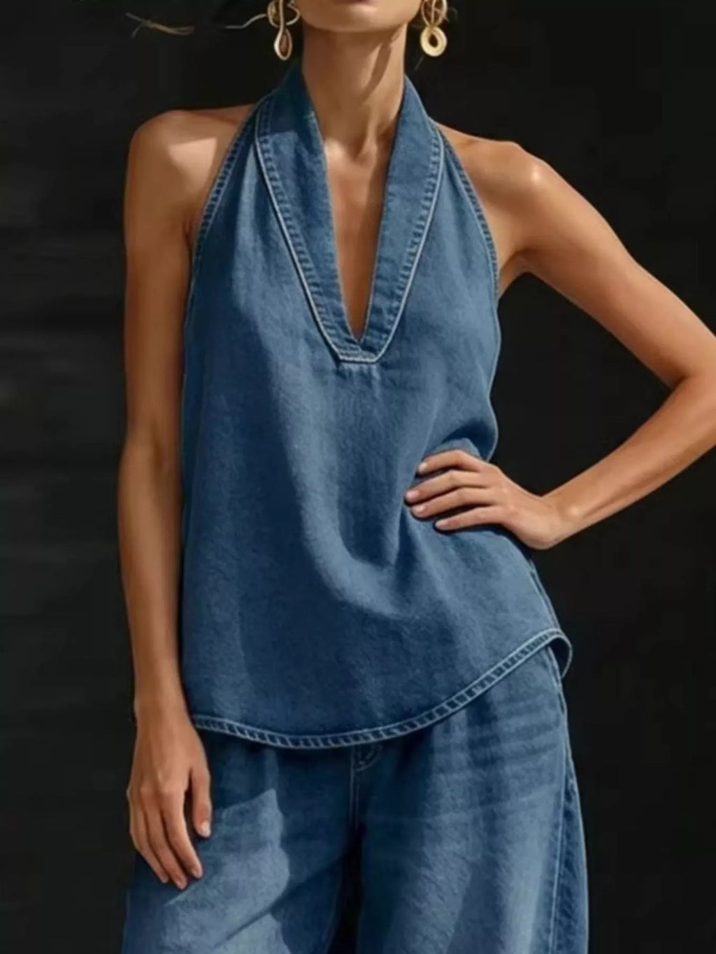 Full Size Halter Neck Top and Wide Leg Pants Plus Size