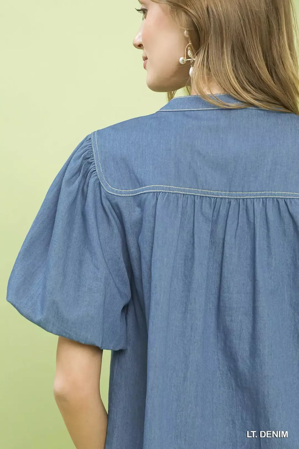 Umgee Denim Button Front Puff Sleeve Boho Blouse