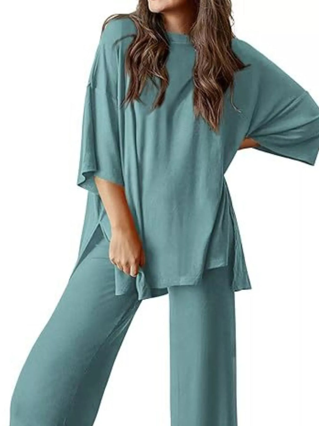Relaxed Fit Round Neck Top and Pants Two-Piece Set