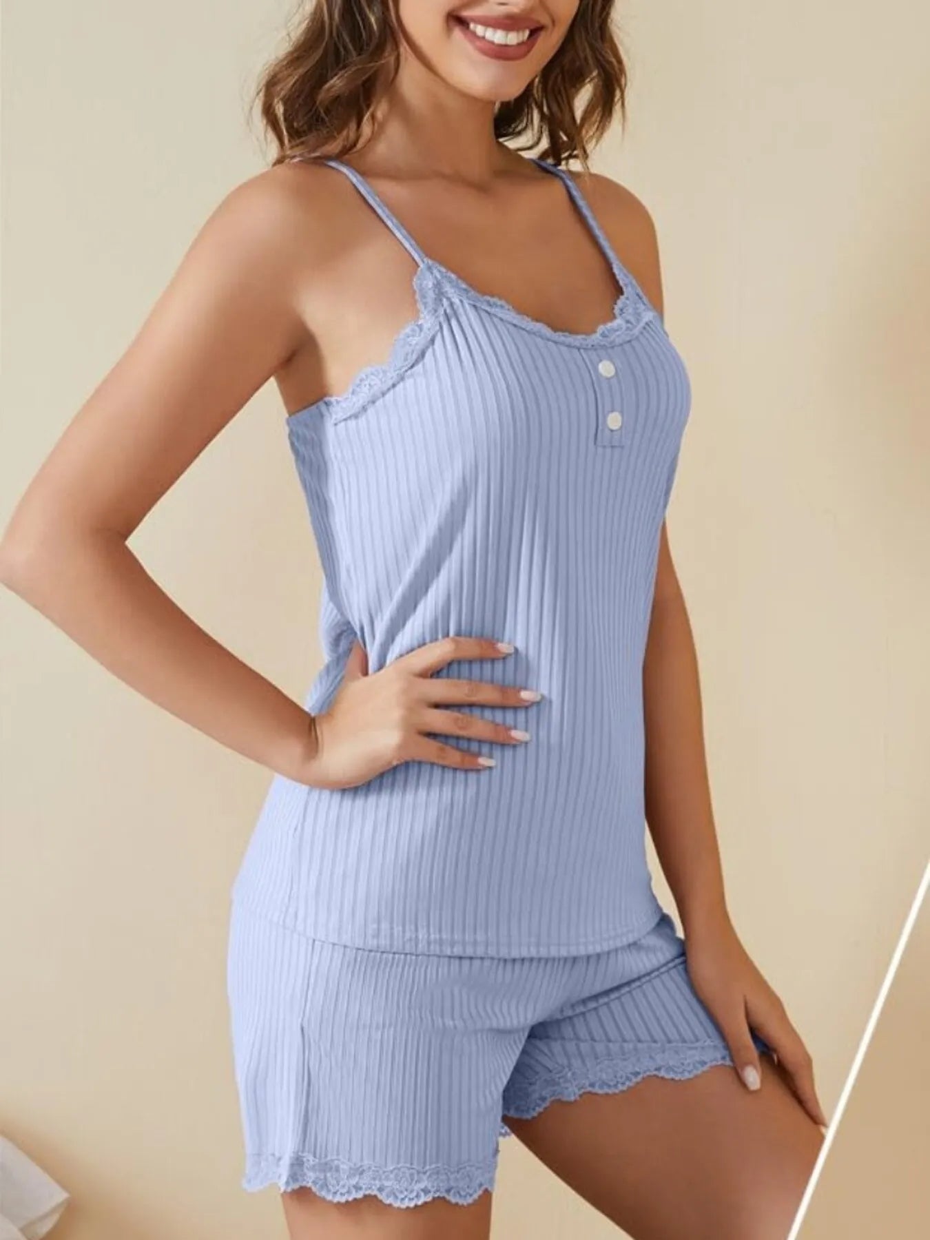 MWBW Apparel and More Lace-Trimmed Ribbed Cami and Shorts Lounge Set — size reference