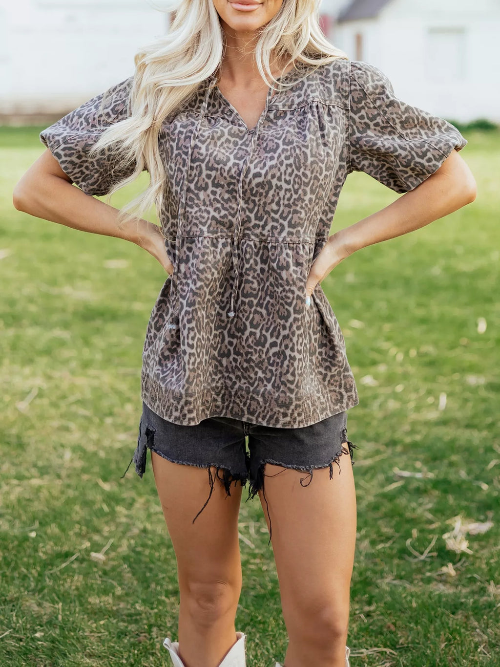 Leopard Print Ruffle Hem Denim Top