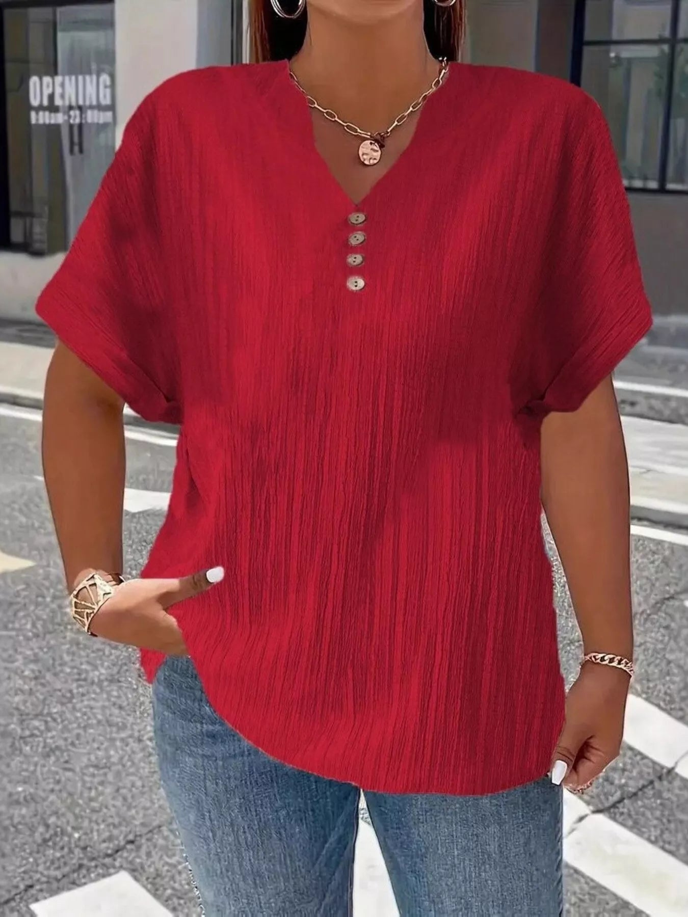 Plus Size Notched Short Sleeve Textured Top