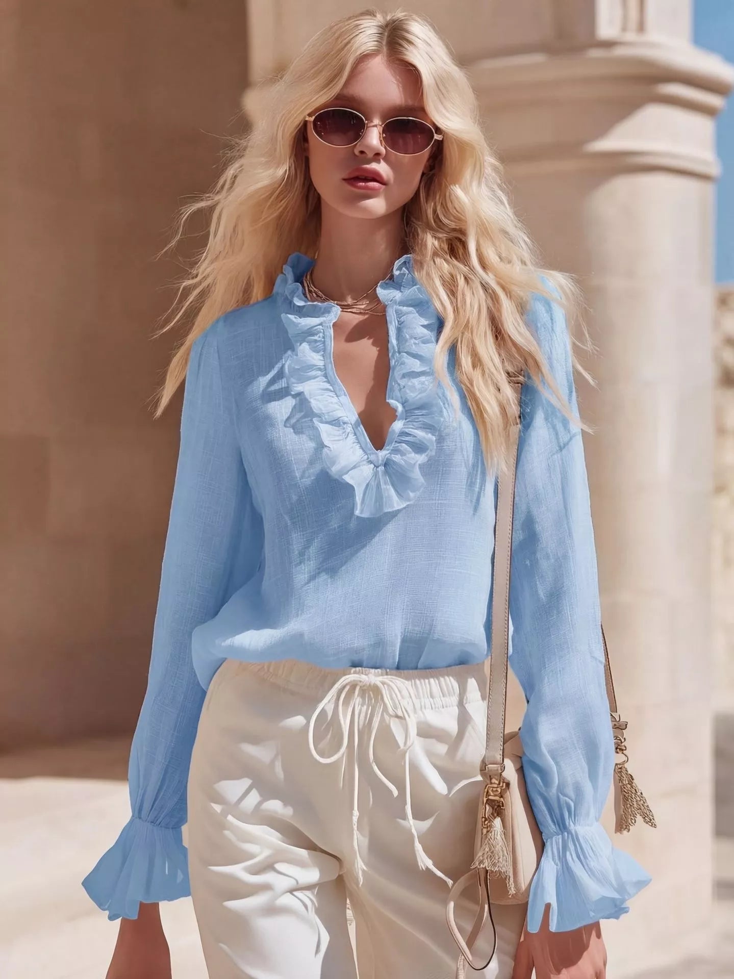 Ruffled V-Neck Long Sleeve Blouse