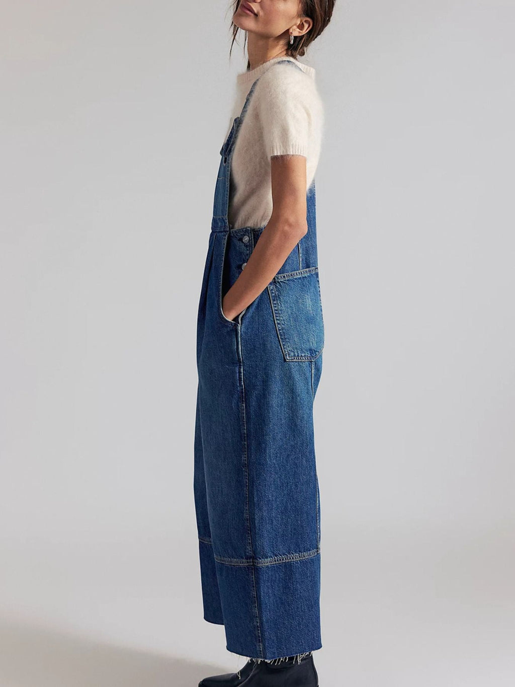 Raw Hem Wide-Leg Denim Overalls