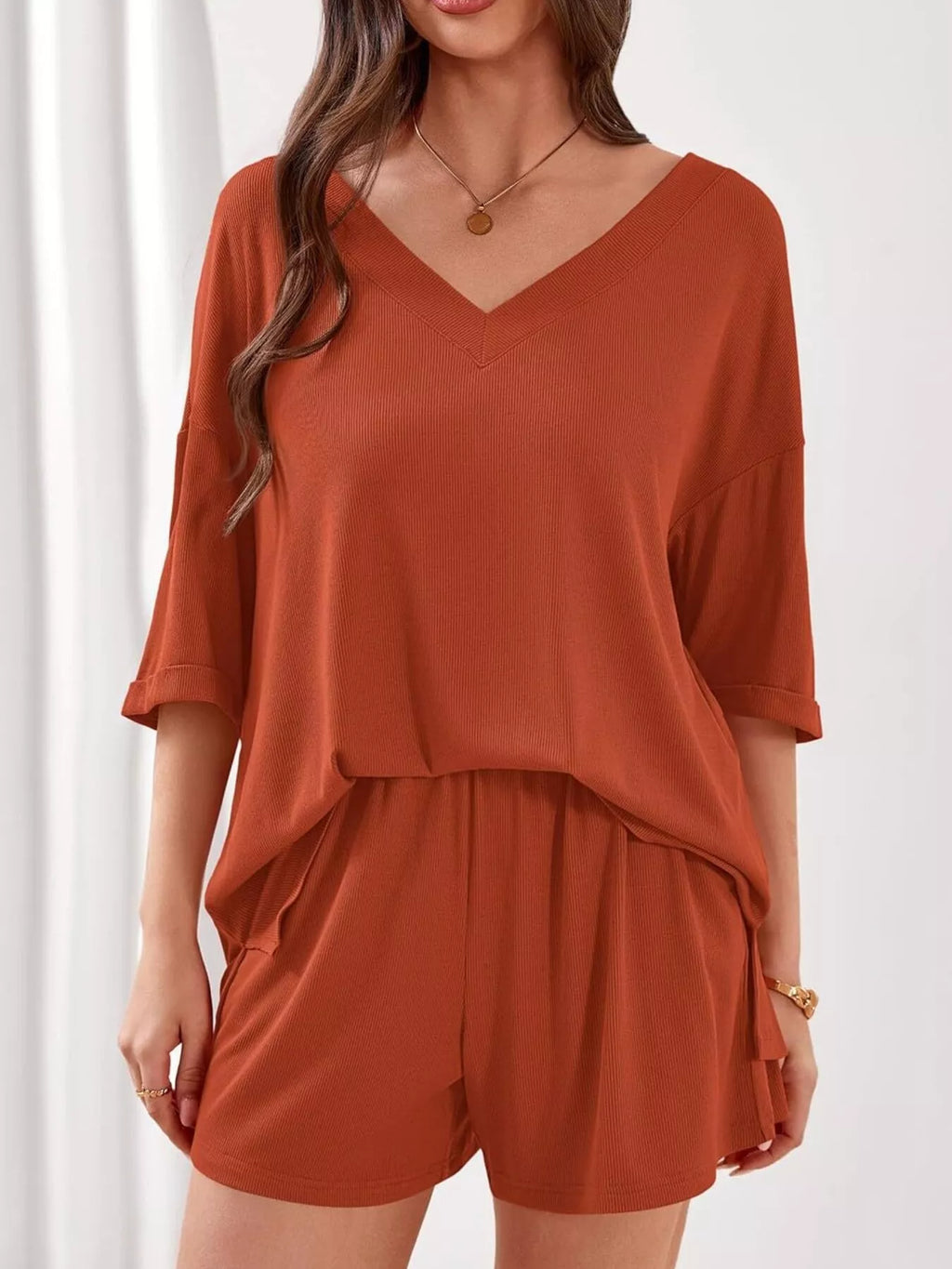 Casual Solid Color V-Neck Top & Shorts Set