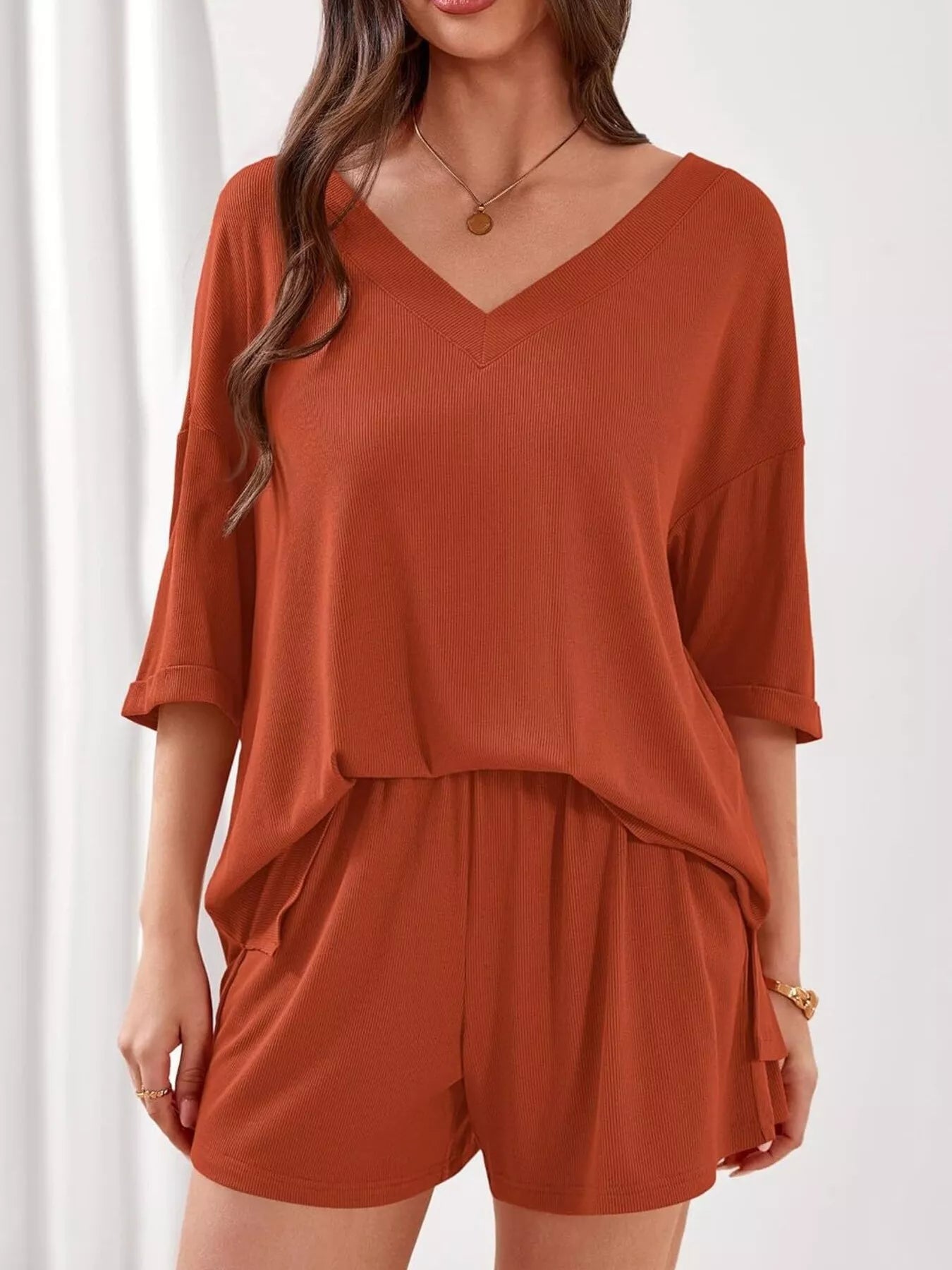 Casual Solid Color V-Neck Top & Shorts Set