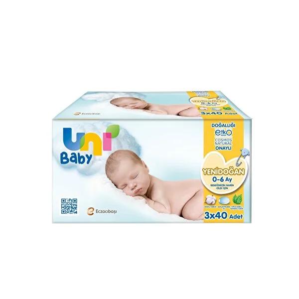 Uni Baby Wet Wipes for Newborns - 3 Packs of 40 Wipes, Gentle, Hypoallergenic, Natural Baby Care