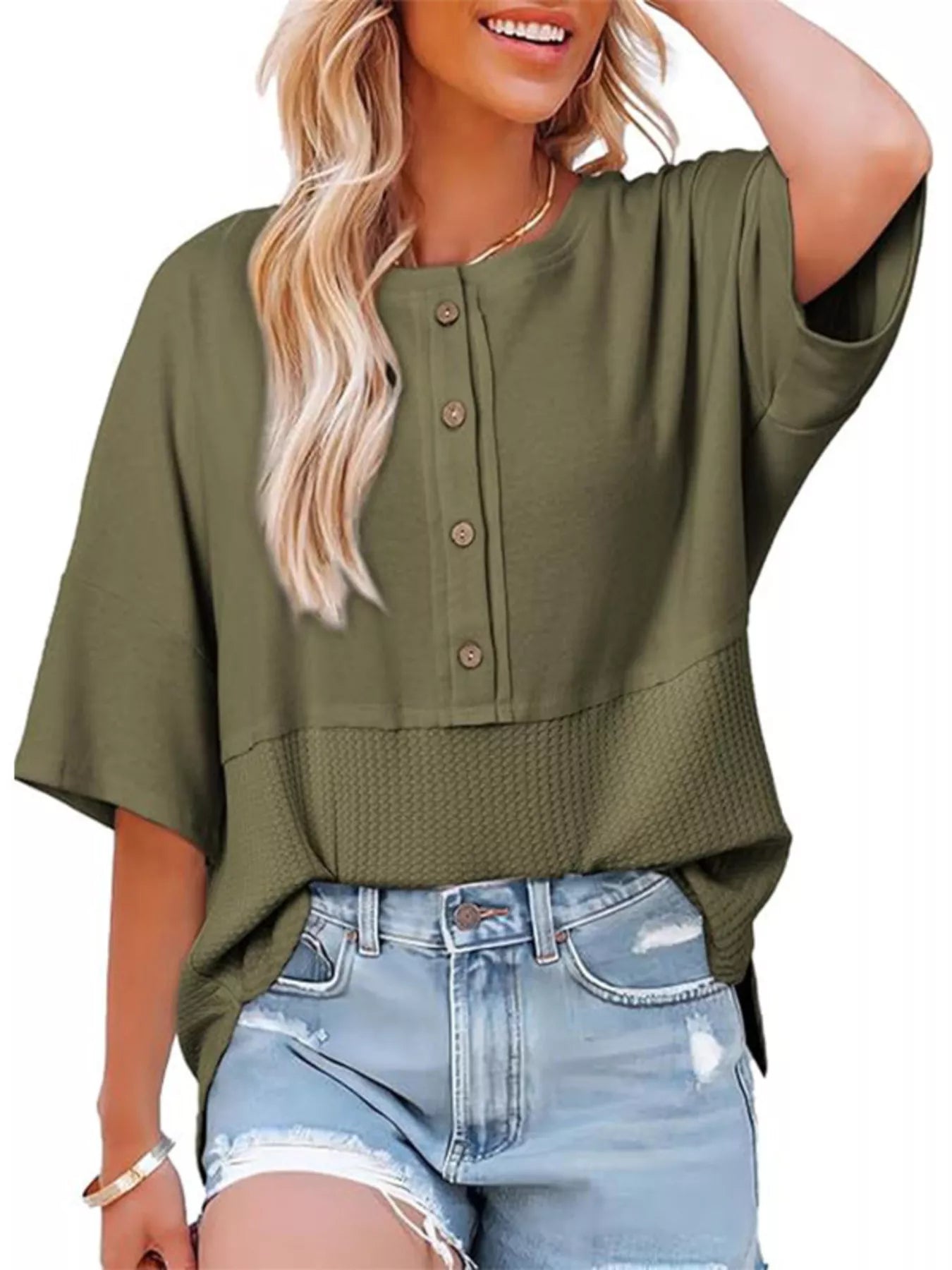 Button Detail Texture Knit T-Shirt