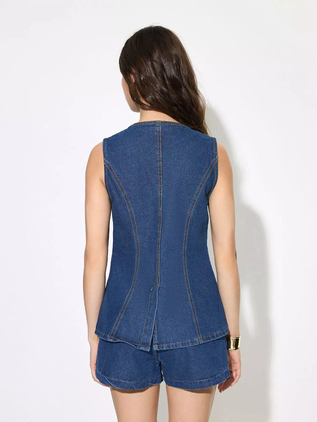 Button Up Sleeveless Denim Top