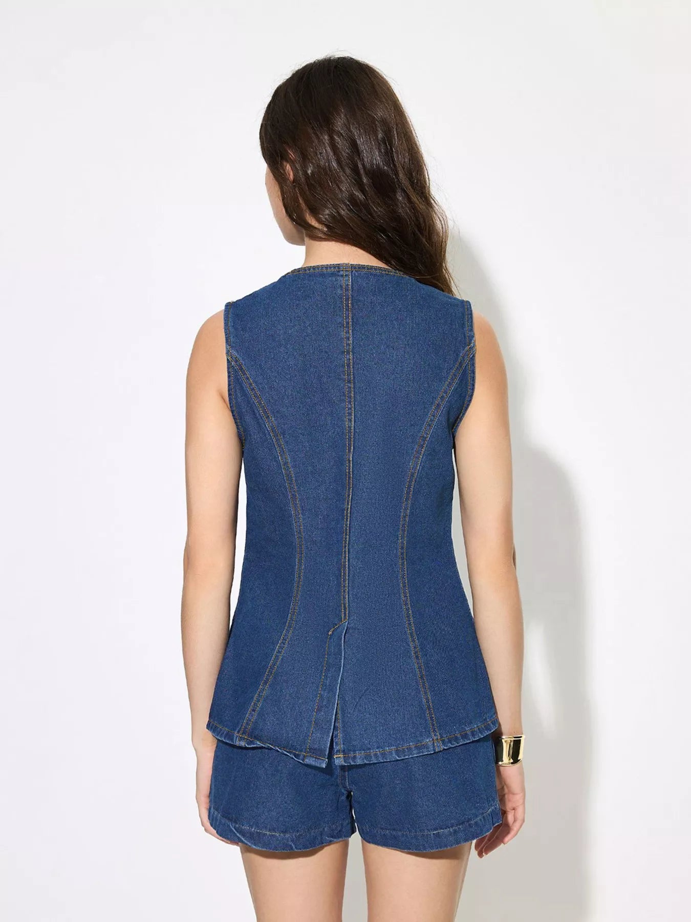 Button Up Sleeveless Denim Top