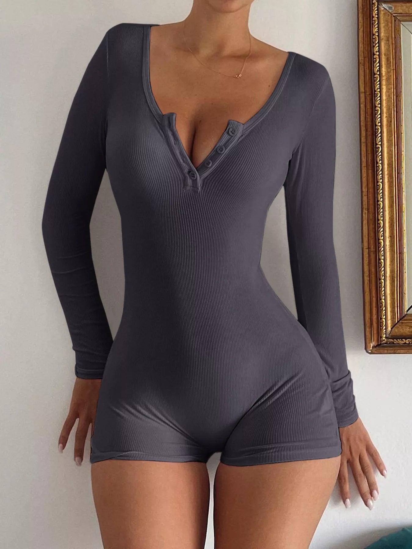 Ribbed Knit Long Sleeve Romper