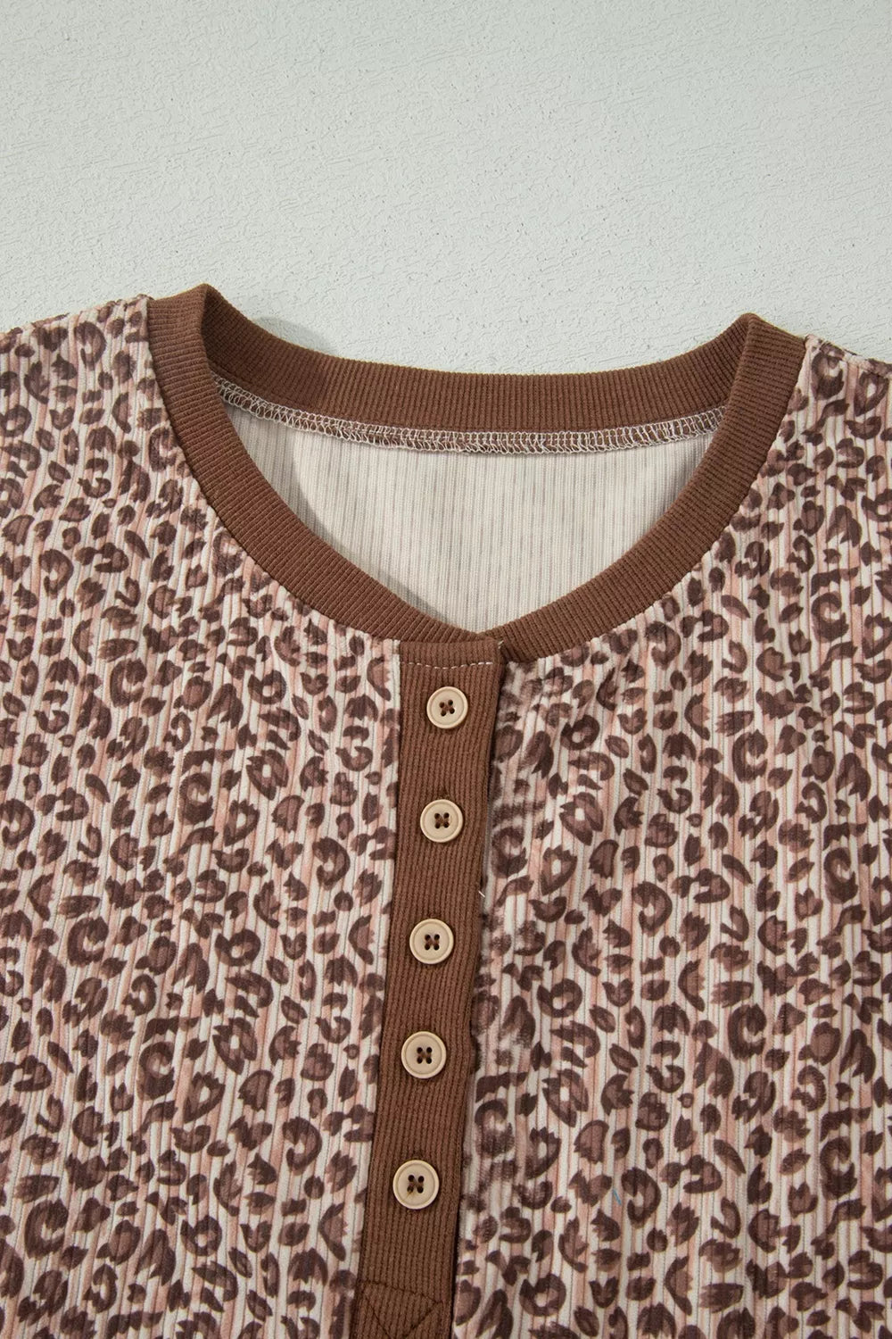 Leopard Print Ribbed Patchwork Half Button Loose Tee Elastic Waist Short 2pcs Set