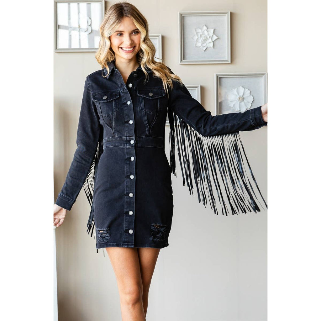 Pretty Little Patriot Pretty Little Patriot Fringe Western Black Mini Dress — lifestyle worn / used context