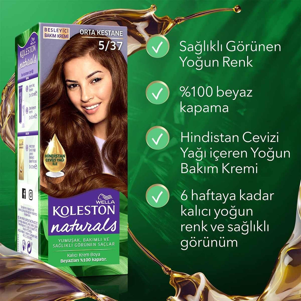Wella Koleston Naturals Medium Chestnut 5/37 Hair Dye: Long Lasting Color & Gray Coverage with Nourishing Coconut Oil