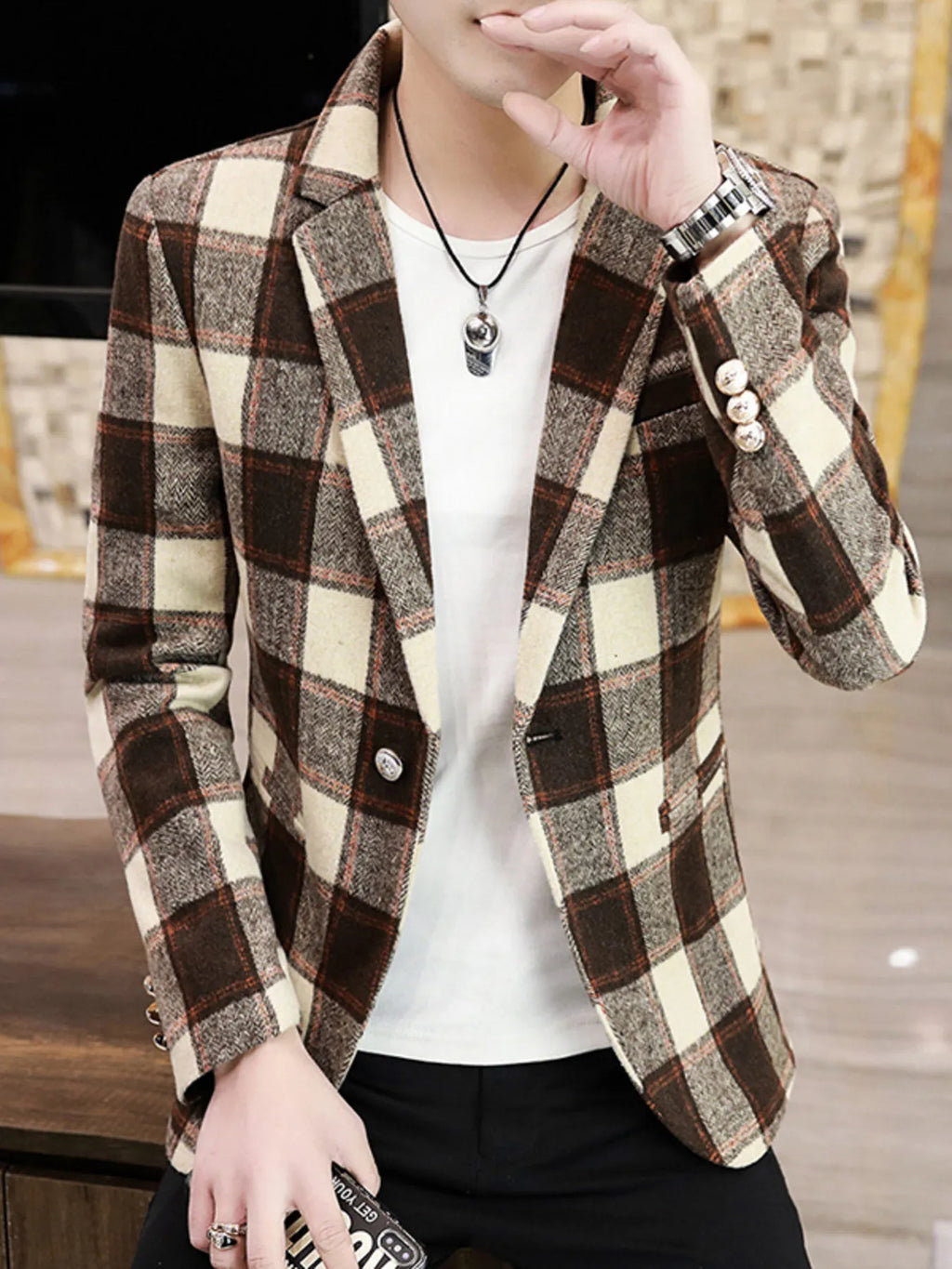 Men's Plus Size Plaid Slim Fit Blazer