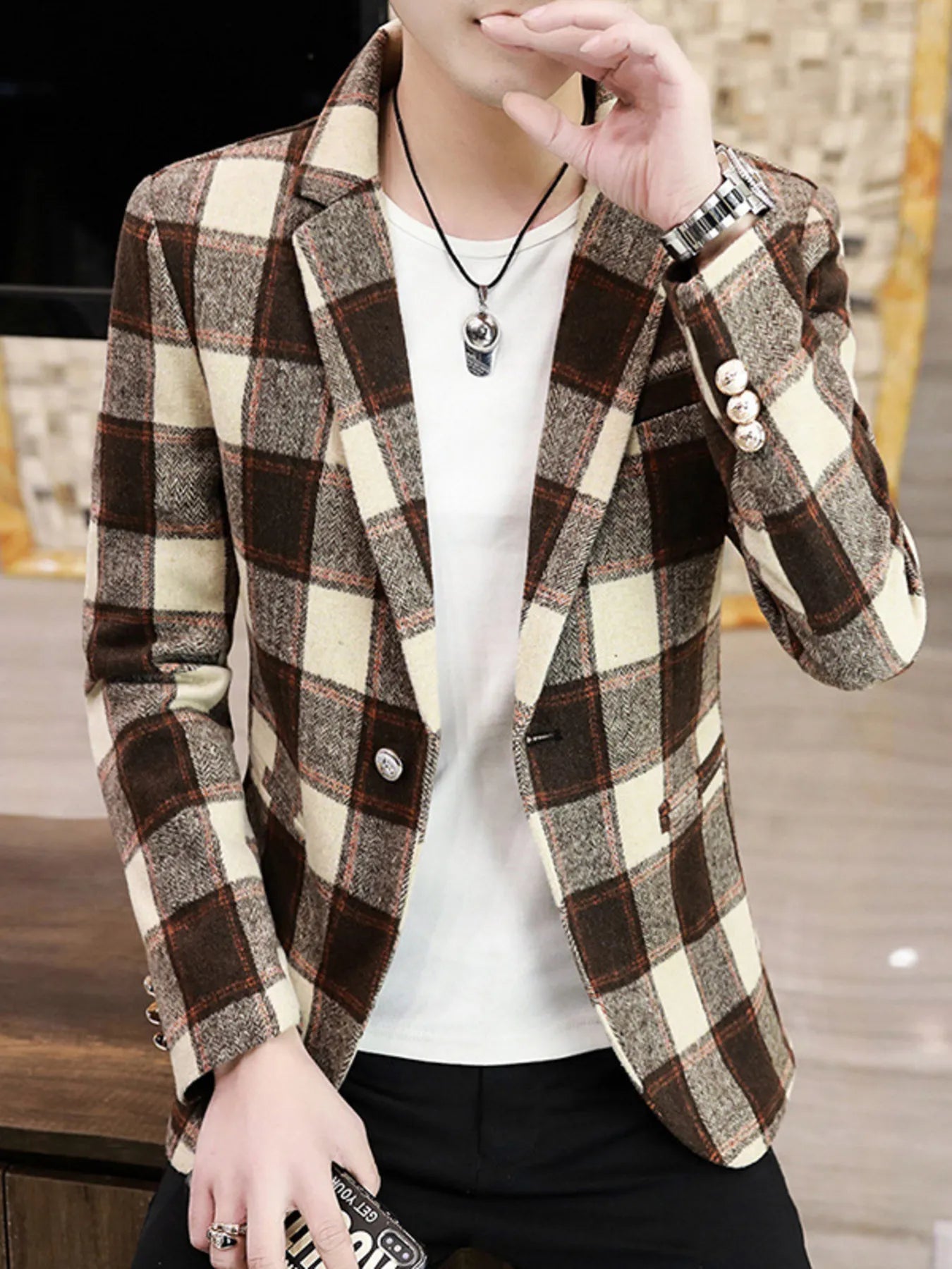 Men's Plus Size Plaid Slim Fit Blazer