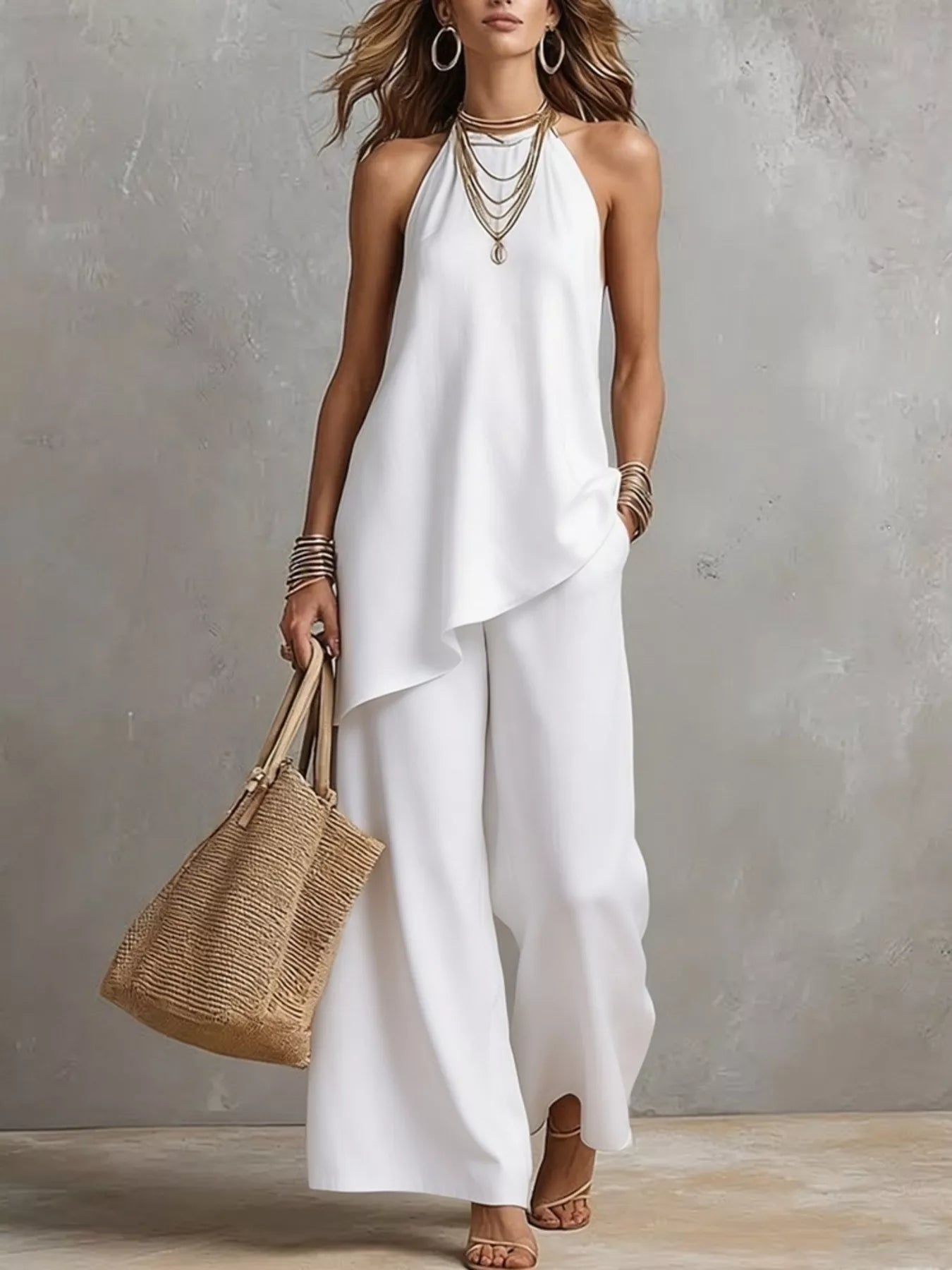 Full Size Asymmetrical Hem Cami and Wide Leg Pants Set Plus Size