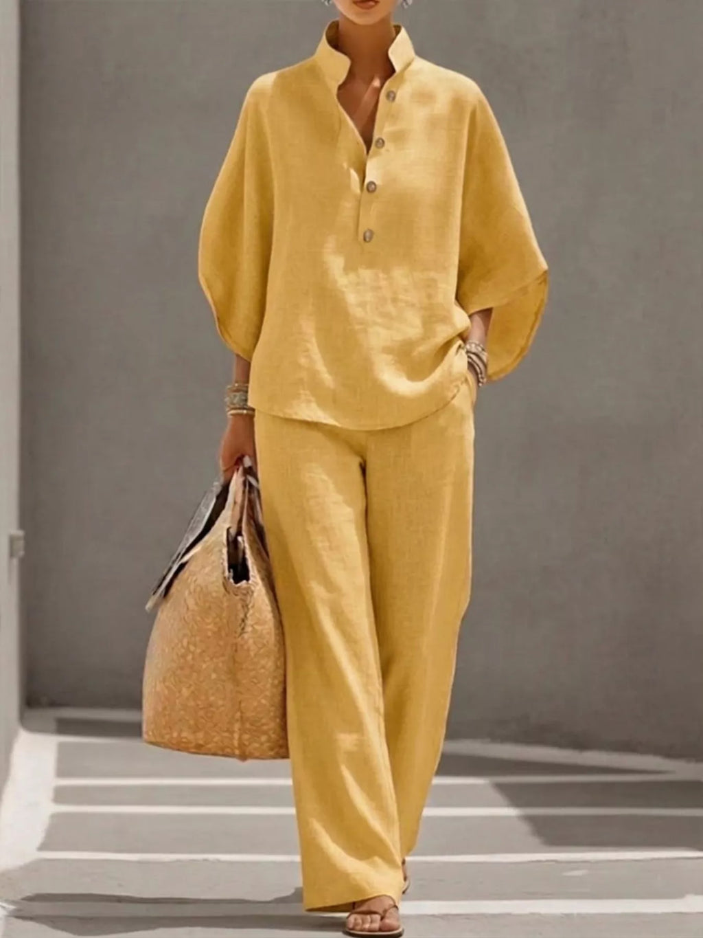 Full Size Button Detail 3/4 Sleeve Top and Pants Set Plus Size