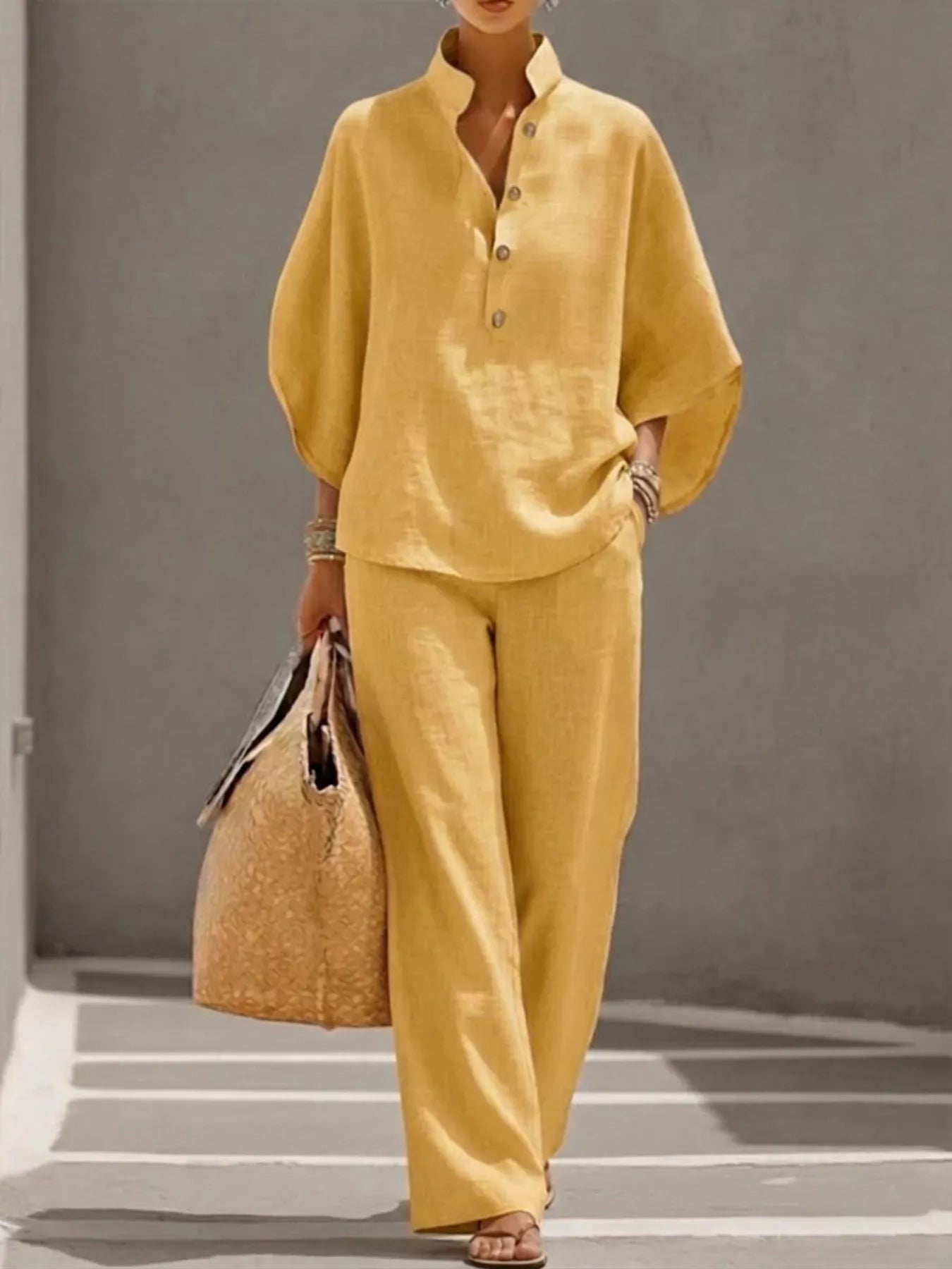 Full Size Button Detail 3/4 Sleeve Top and Pants Set Plus Size