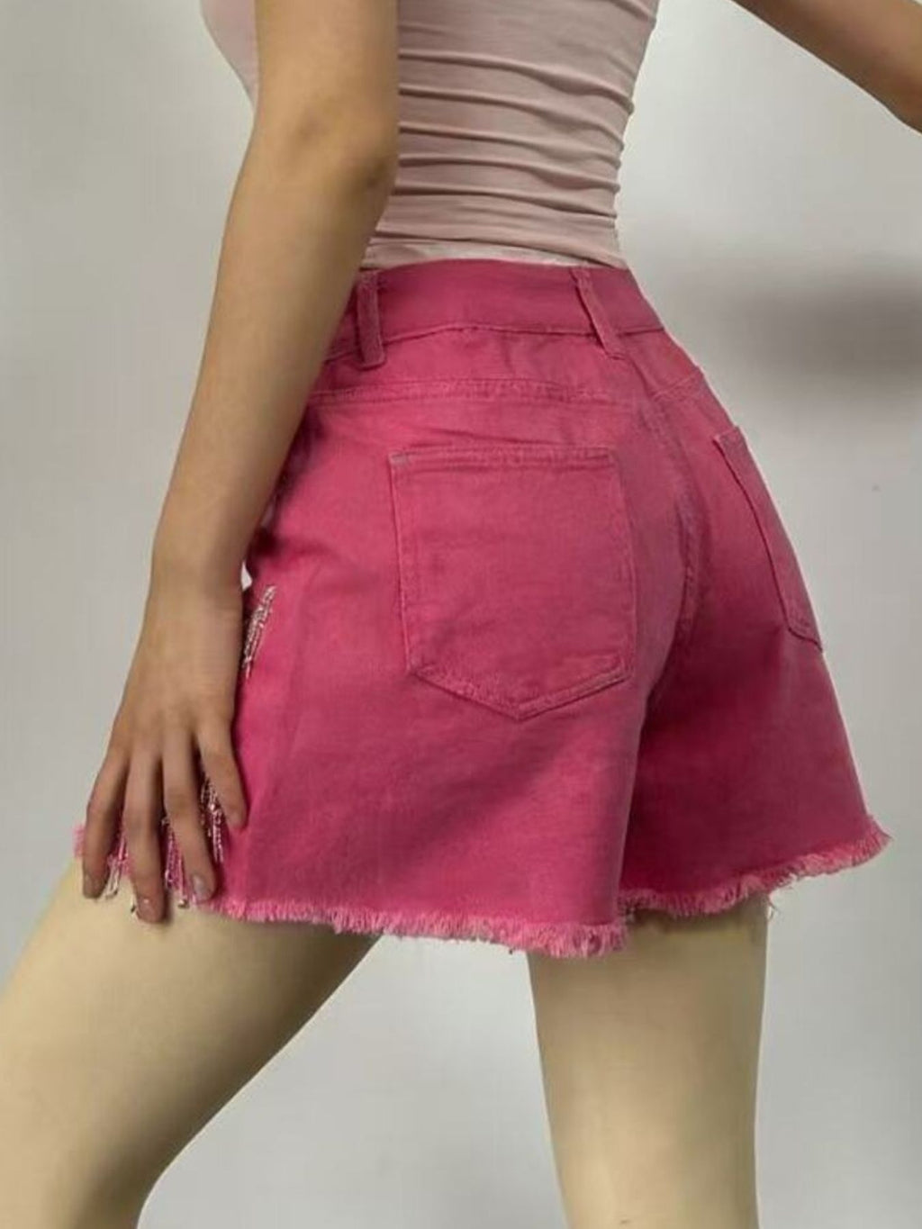 Rhinestone Chain Raw Hem Denim Shorts