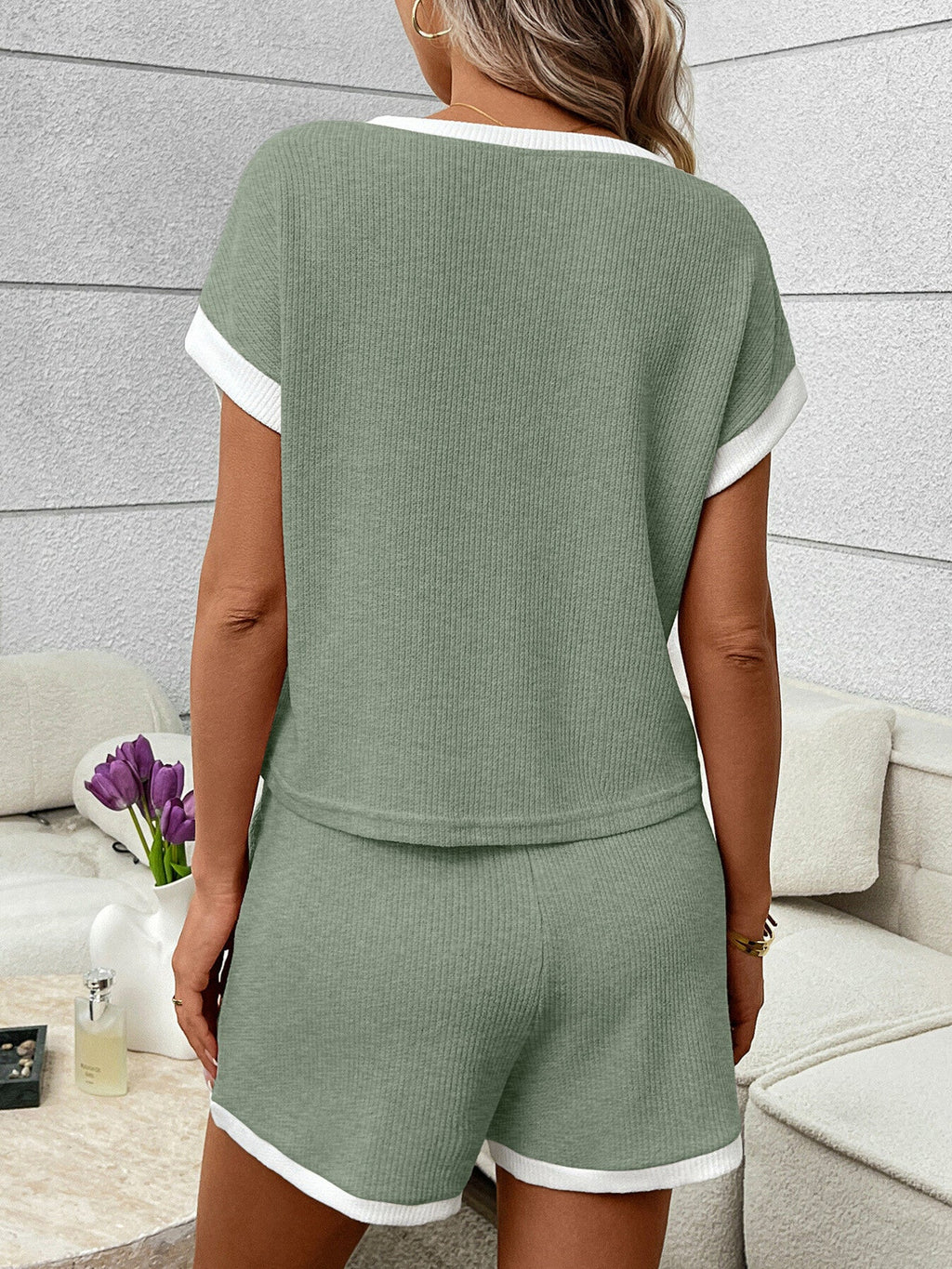 Contrast Trim Short Sleeve Top and Shorts Set
