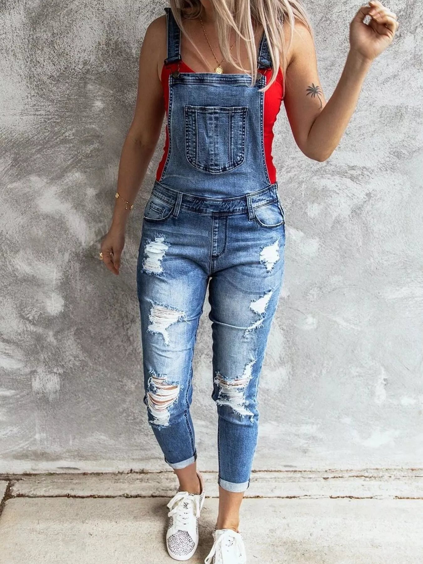 Wide Strap Distressed Denim Overalls