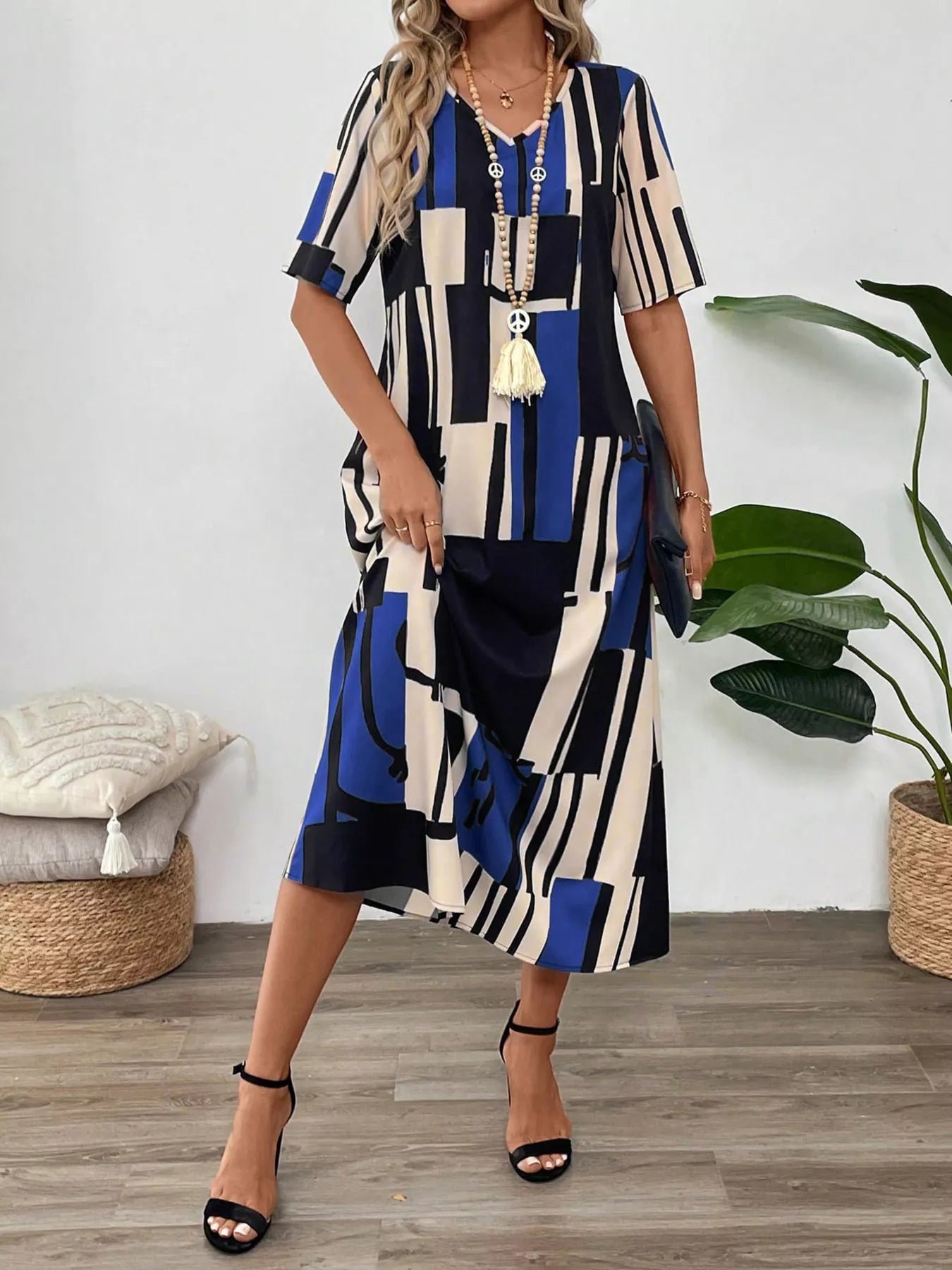 Abstract Geometric Print V-Neck Midi Dress