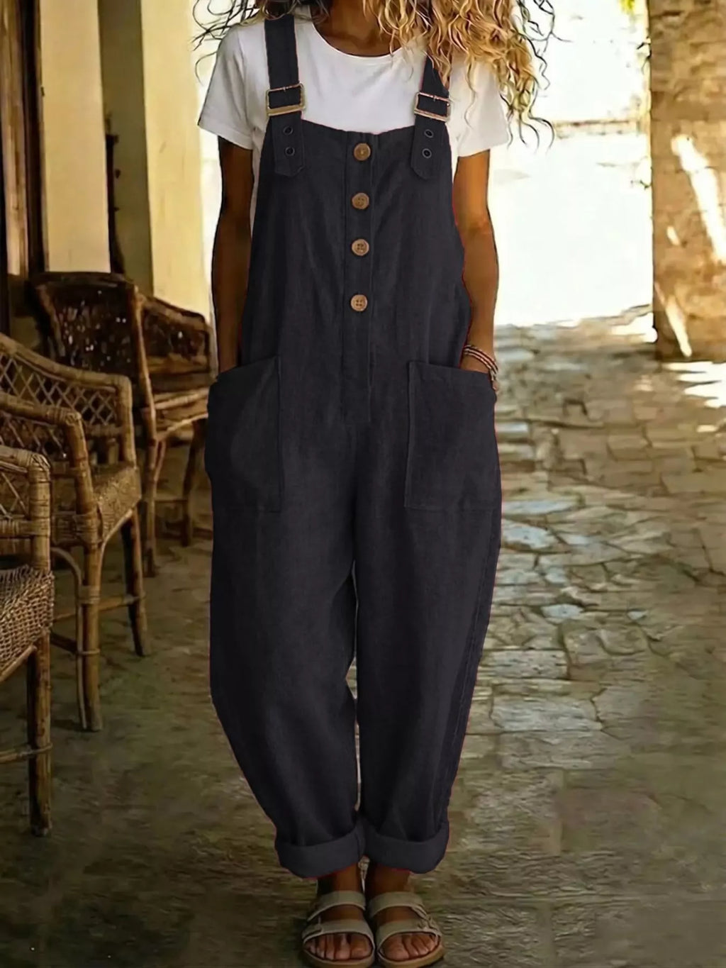 Casual Button Front Wide Leg Overalls