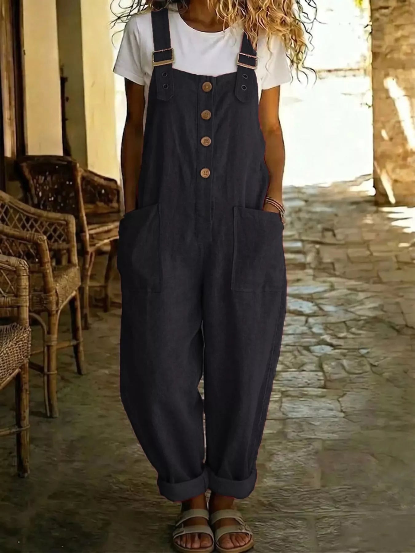 Casual Button Front Wide Leg Overalls