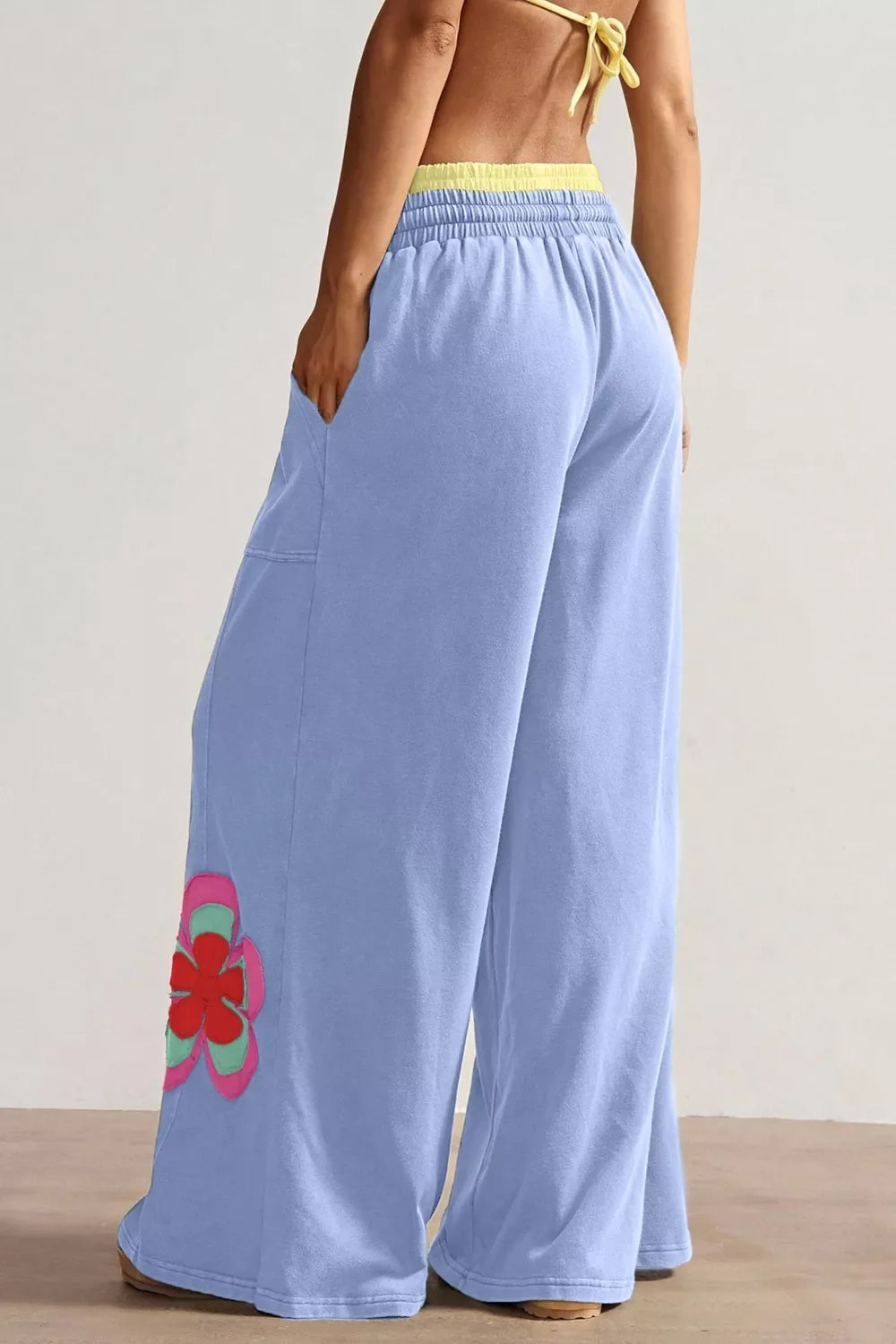 Color Block Flower Patchwork Drawstring Contrasted Elastic Waist Wide Leg Pants
