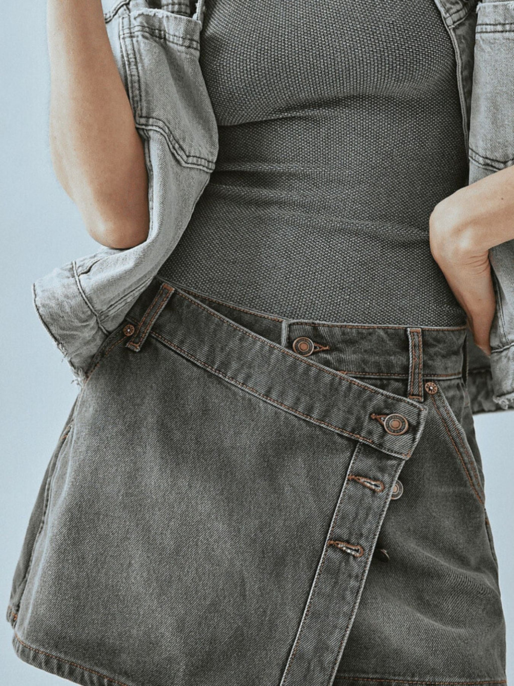 Asymmetrical Button-Front Denim Skirt