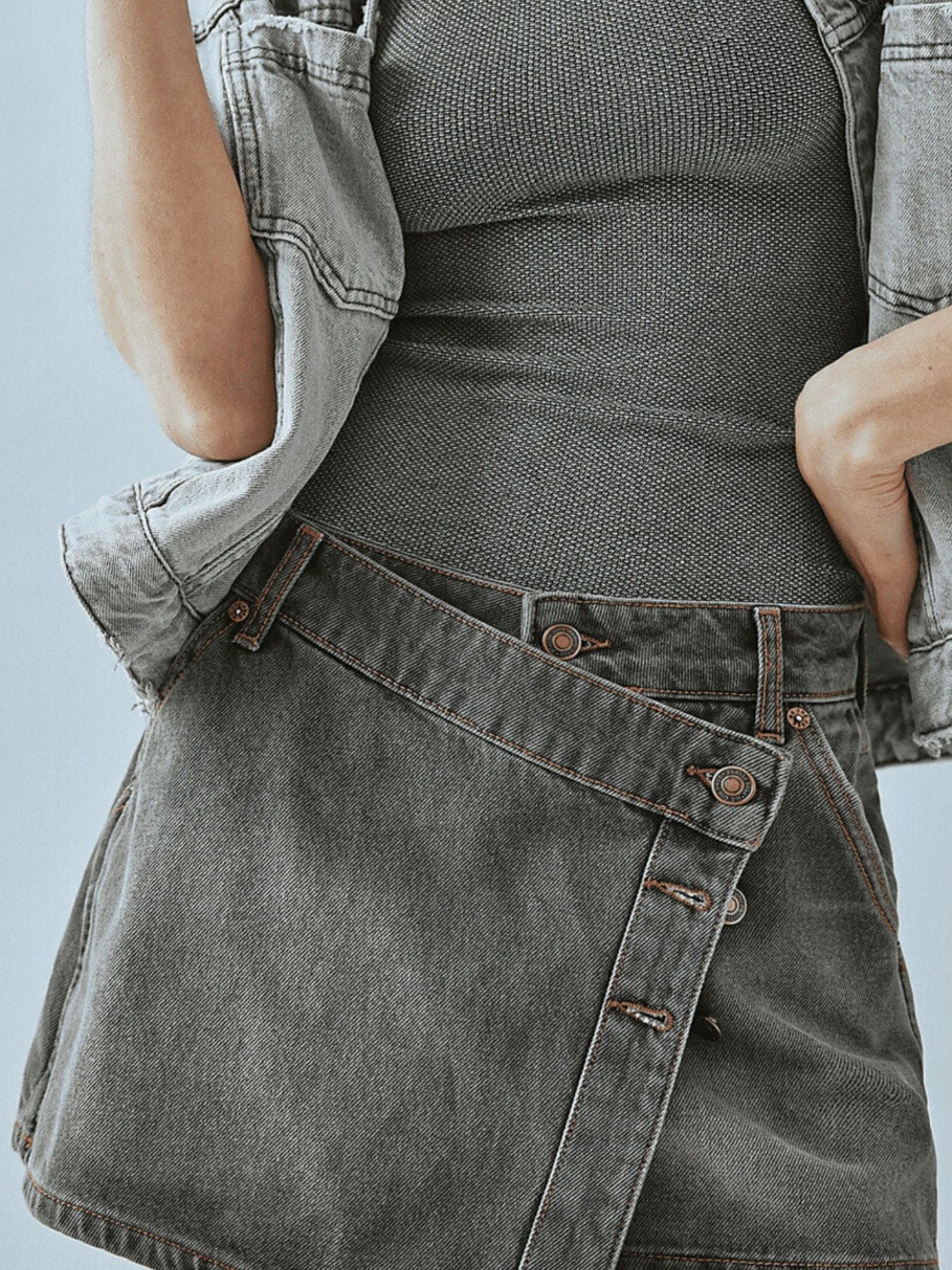 Asymmetrical Button-Front Denim Skirt