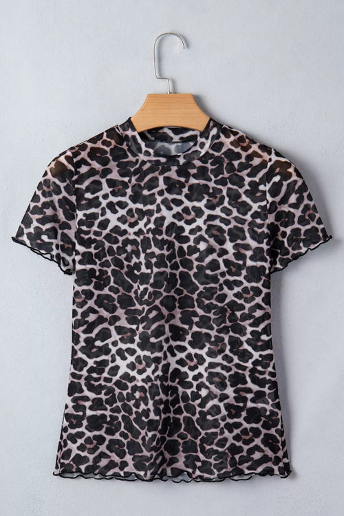 Leopard Print Sheer Mesh Short Sleeve Top