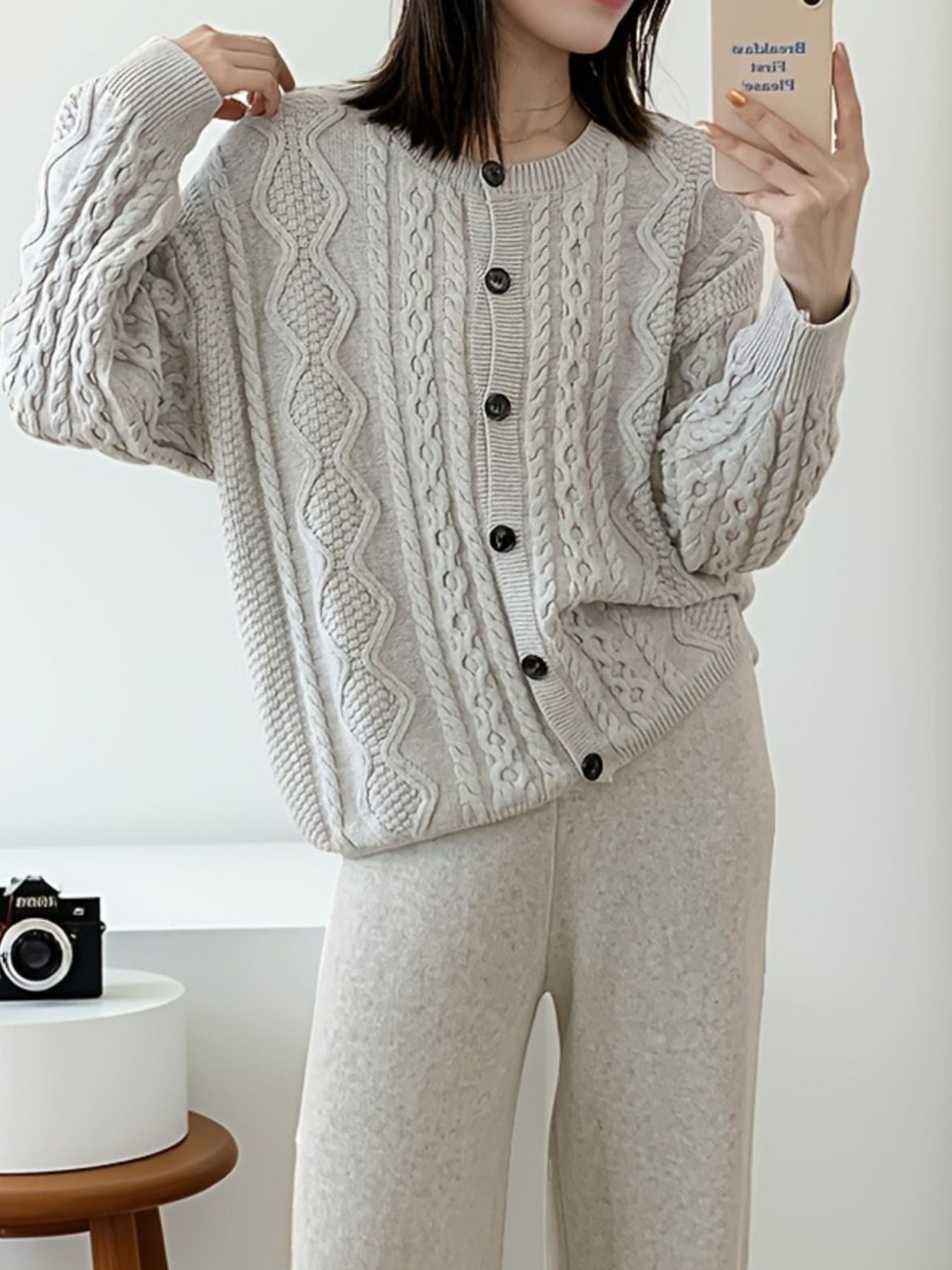 Cable Knit Cardigan & Wide Leg Pants Sweater Set