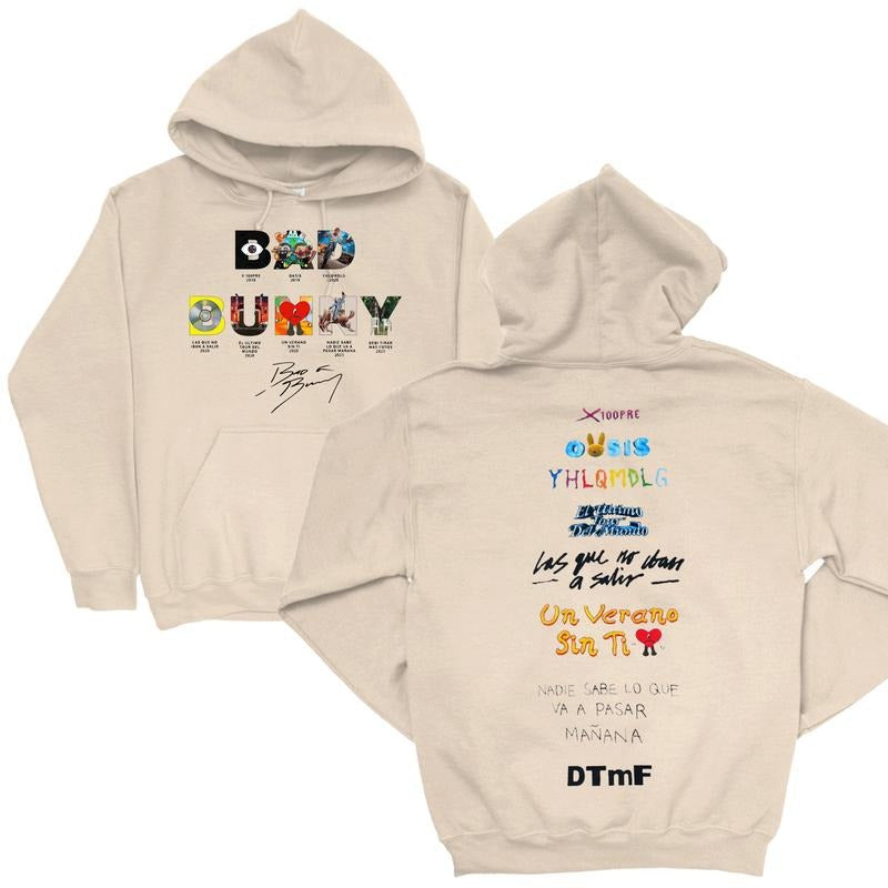 Pasimax Bad Bunny Words Album 2-Sides Hoodie — detail close-up
