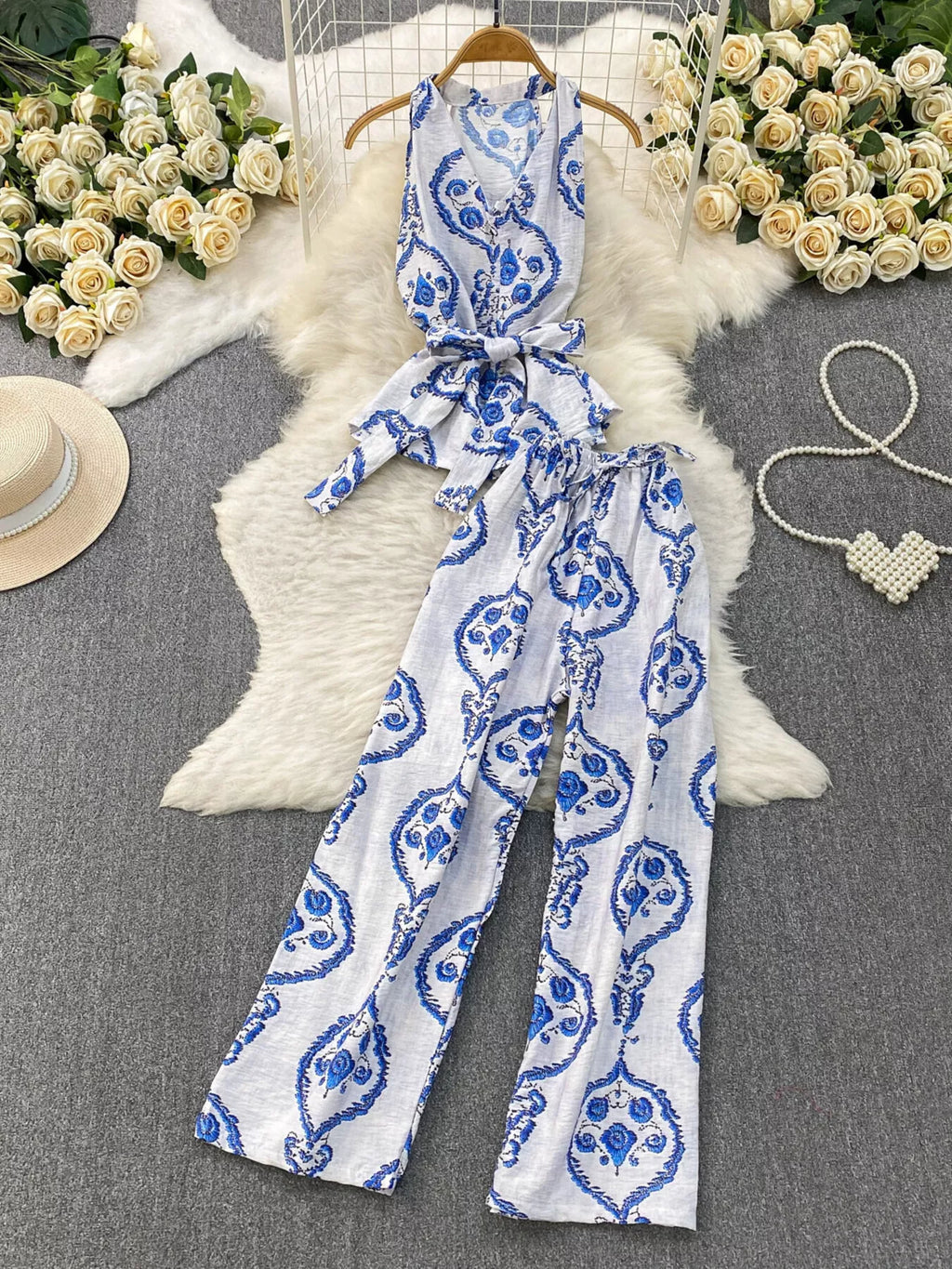 Printed Sleeveless Top and Wide Leg Pants Set