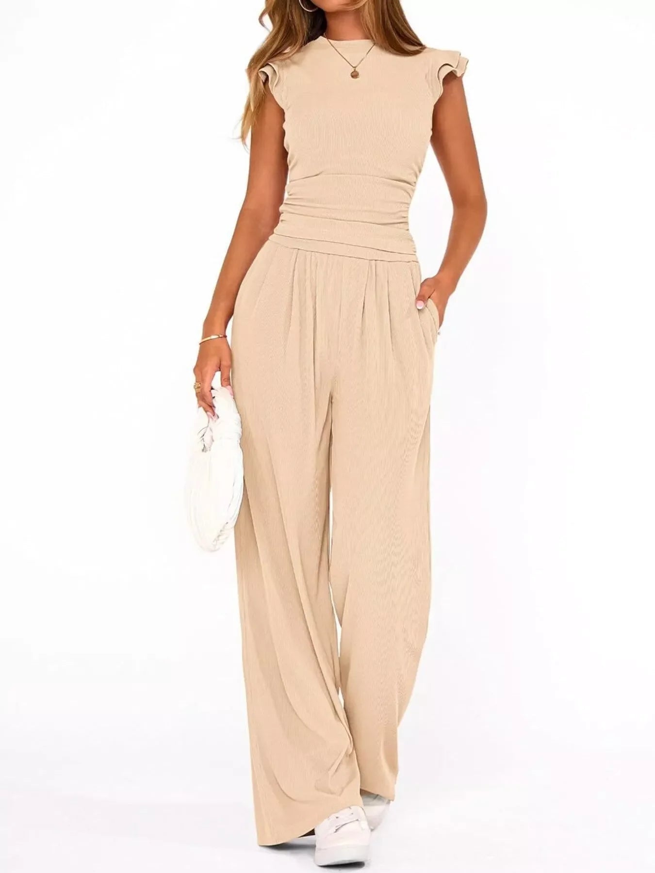 Ruffled Mock Neck Top and Wide Leg Pants Set