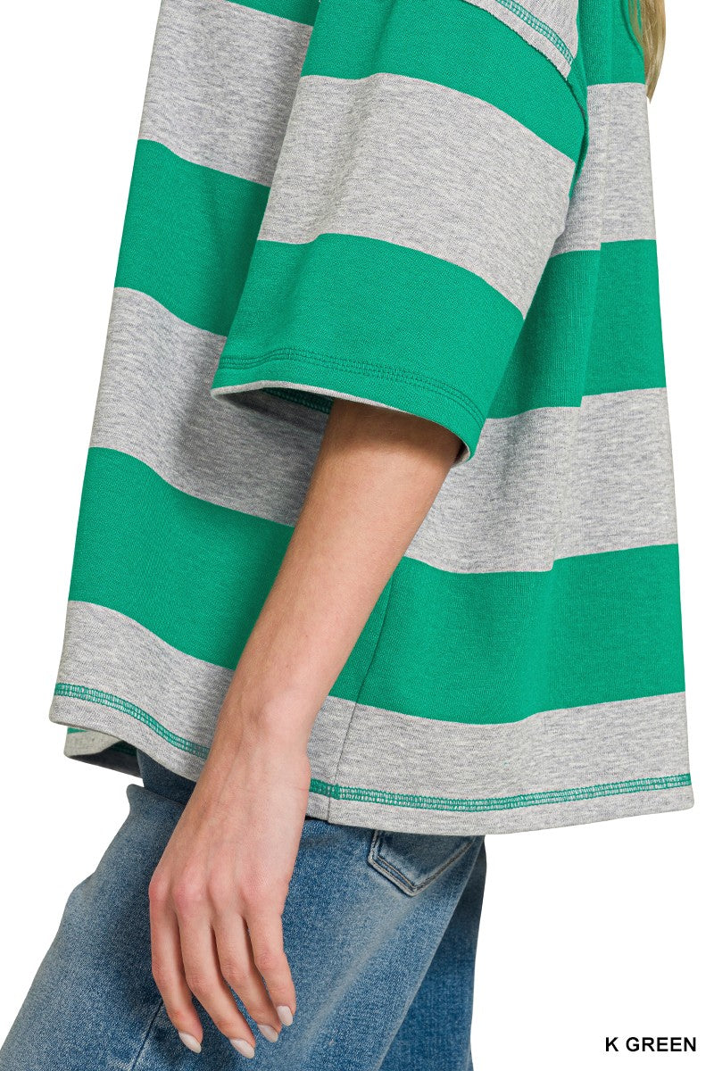 Zenana Frenchterry Striped Half Zip Top & Shorts Set