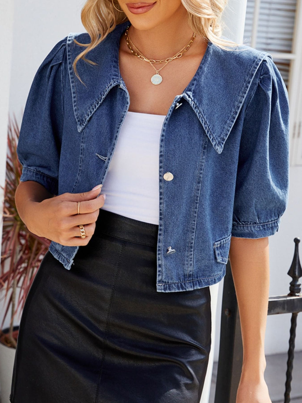 Button Up Puff Sleeve Denim Top
