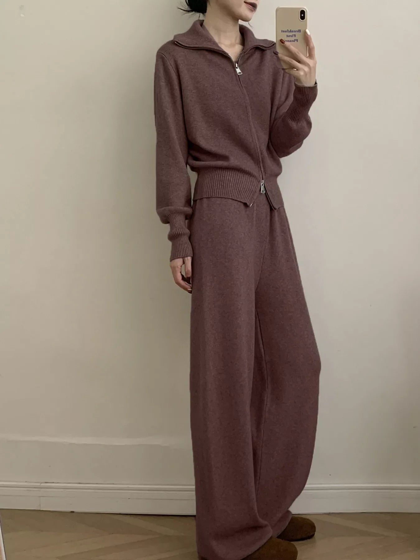 Zip Up Outerwear and Wide Leg Pants Set