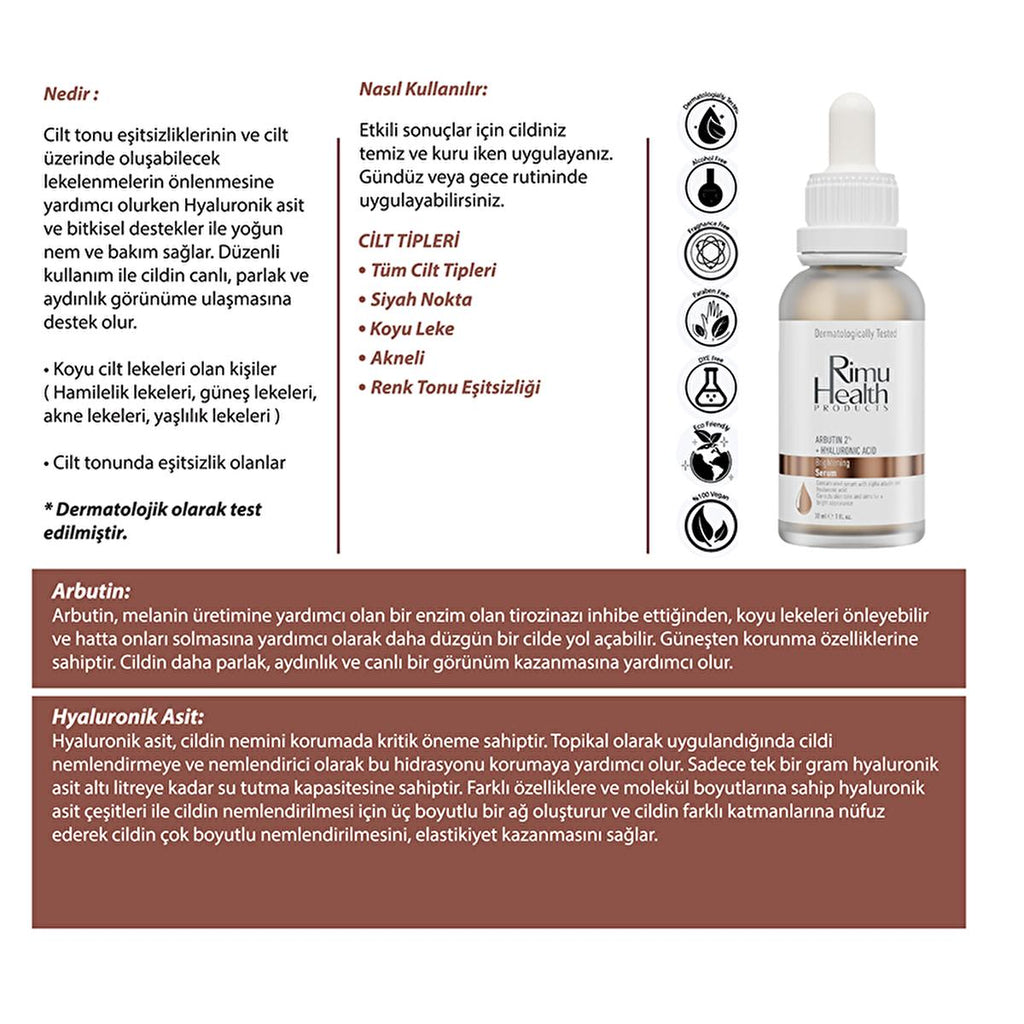 Rimu Health: Arbutin 2% Hyaluronic Acid Face Serum - Dark Spot Corrector, Skin Tone Evening & Brightening Serum for Hyperpigmentation - 30ml