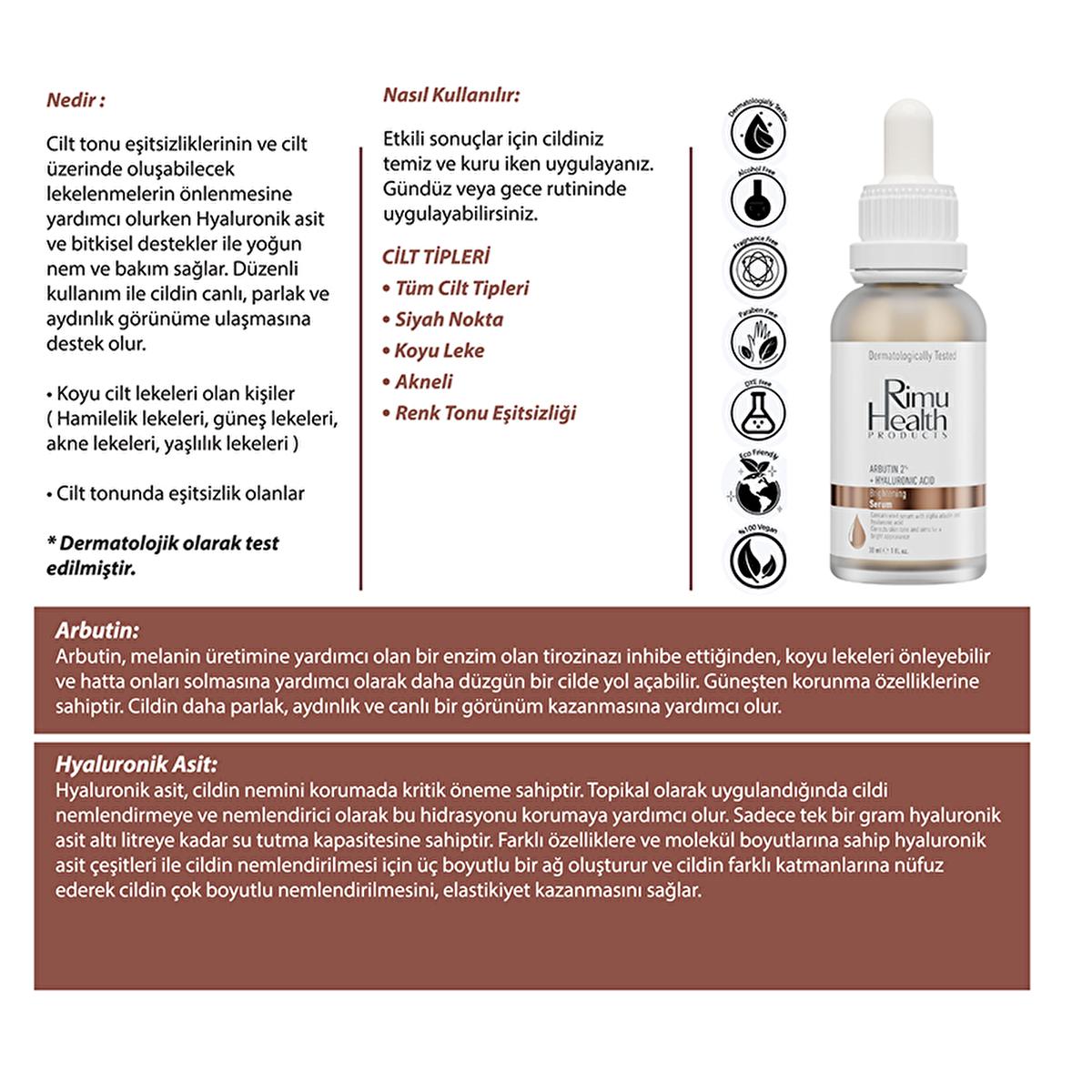 Rimu Health: Arbutin 2% Hyaluronic Acid Face Serum - Dark Spot Corrector, Skin Tone Evening & Brightening Serum for Hyperpigmentation - 30ml