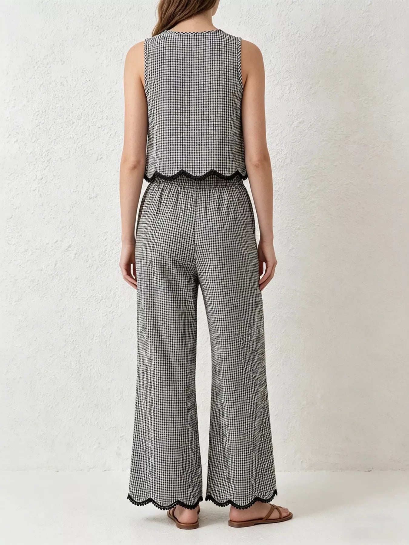 Plaid Scalloped Trim Tank and Pants Set