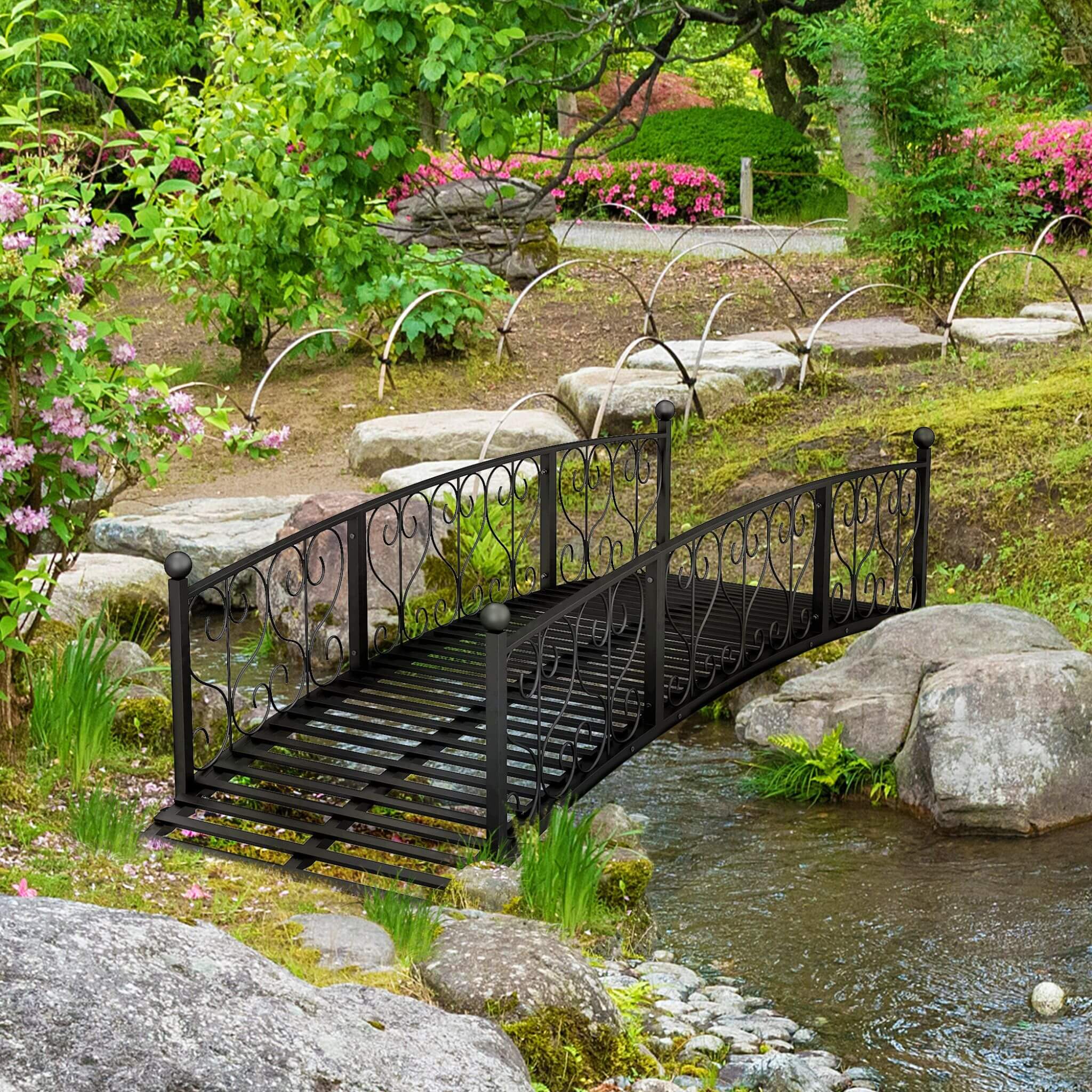 Alora 7FT Decorative Metal Arch Footbridge Garden Bridge With Safety Siderails (SAK53829) – SAKSBY WHOLESALE, view 3