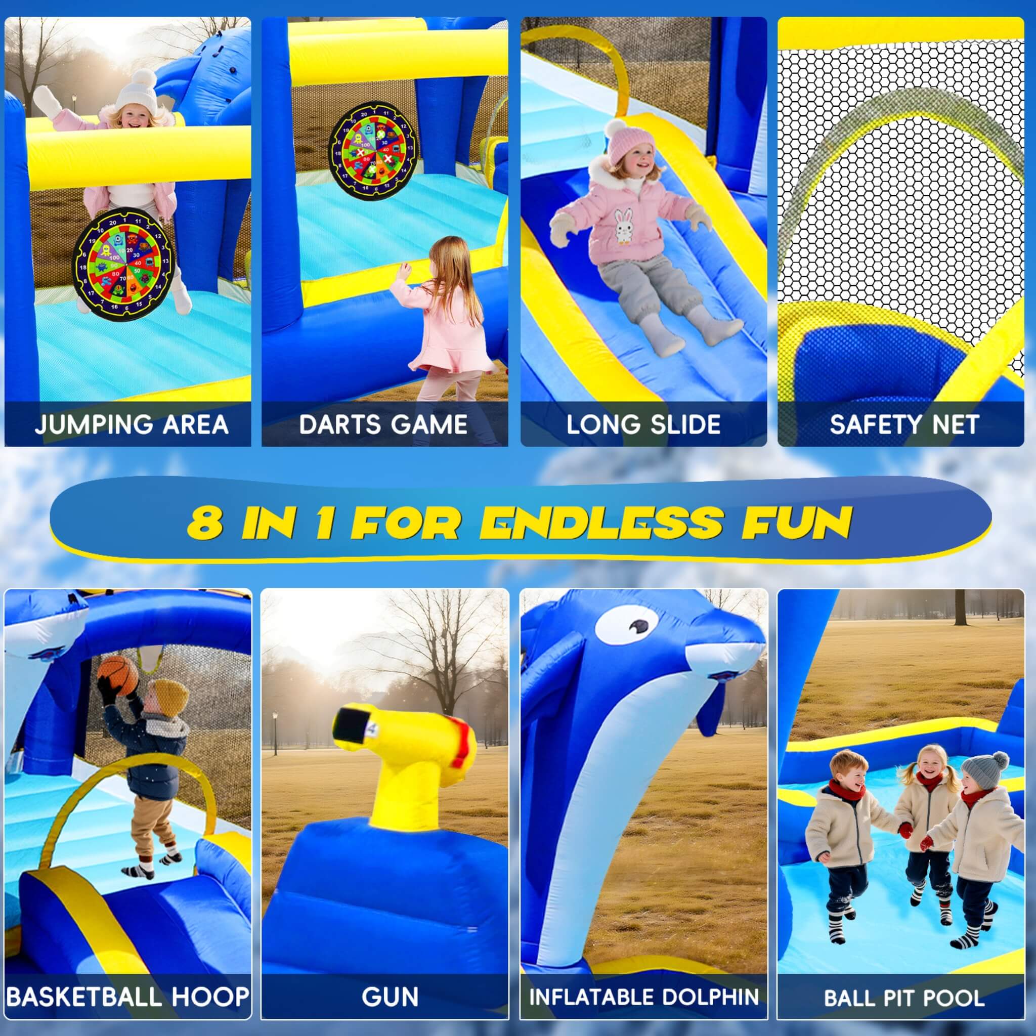 8-In-1 Inflatable Water Park Bounce House with Sprinkler, Water Gun, And Basketball Hoop (SAK38152) – SAKSBY WHOLESALE, view 