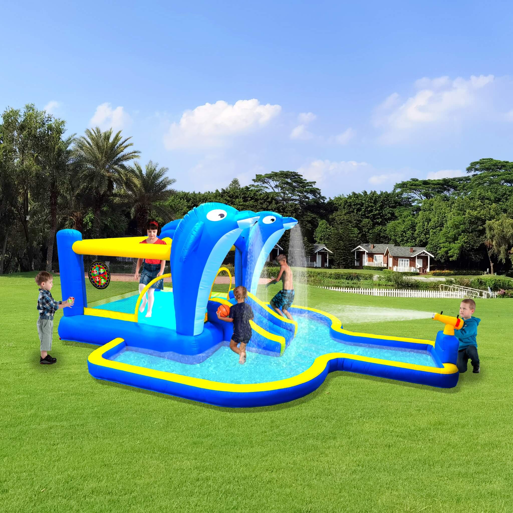 8-In-1 Inflatable Water Park Bounce House with Sprinkler, Water Gun, And Basketball Hoop (SAK38152) – SAKSBY WHOLESALE, view 